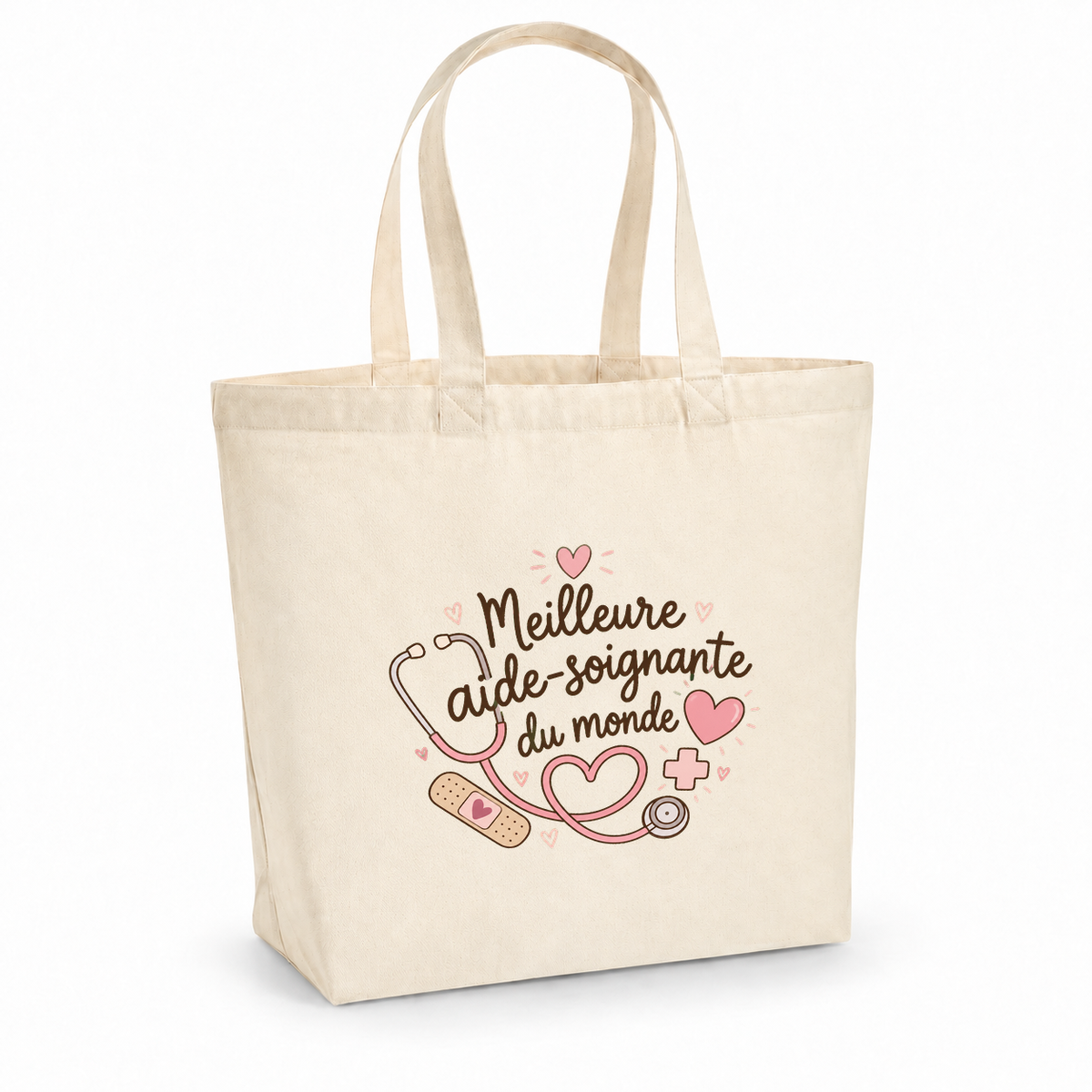 Tote bag aide-soignante « Meilleure aide-soignante du monde » Premium, cabas à soufflet en coton naturel 200 g/m² de 18 litres, illustration bohème d'un stéthoscope, de cœurs, d'une petite croix et d'un pansement