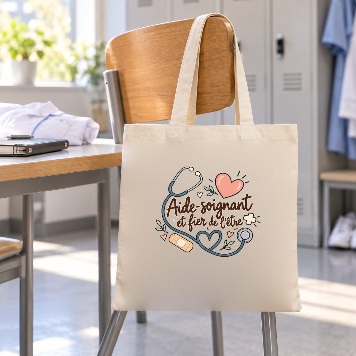 Tote bag aide-soignant « Aide-soignant et fier de l'être » Essentiel suspendu à une chaise dans la salle de pause