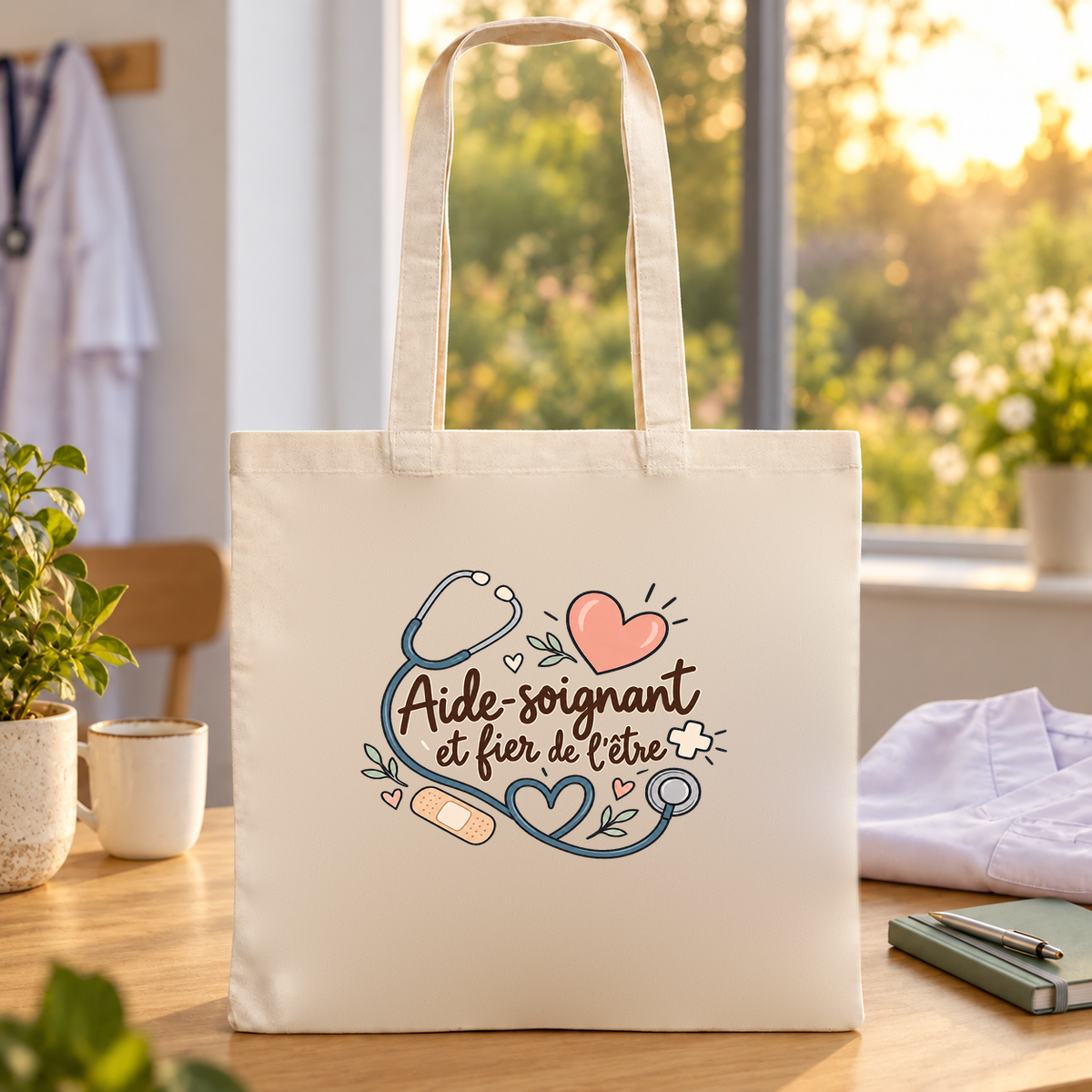 Tote bag aide-soignant « Aide-soignant et fier de l'être » Essentiel posé sur une table au soleil, à côté d'un mug