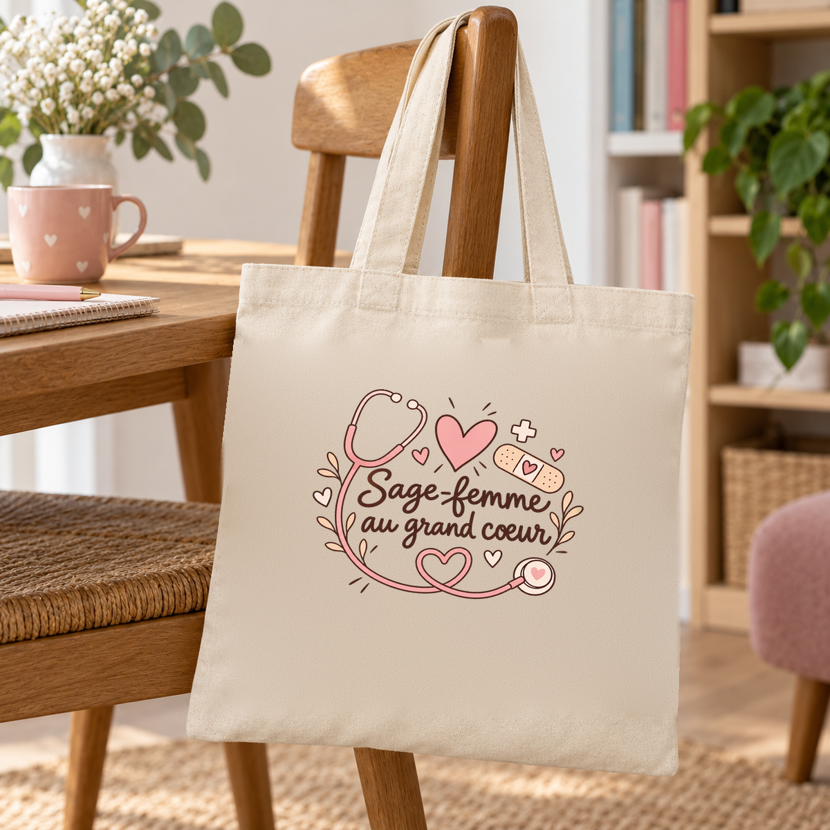 Tote bag sage-femme « Sage-femme au grand cœur » Essentiel suspendu à une chaise près d'une table, à côté d'une tasse rose