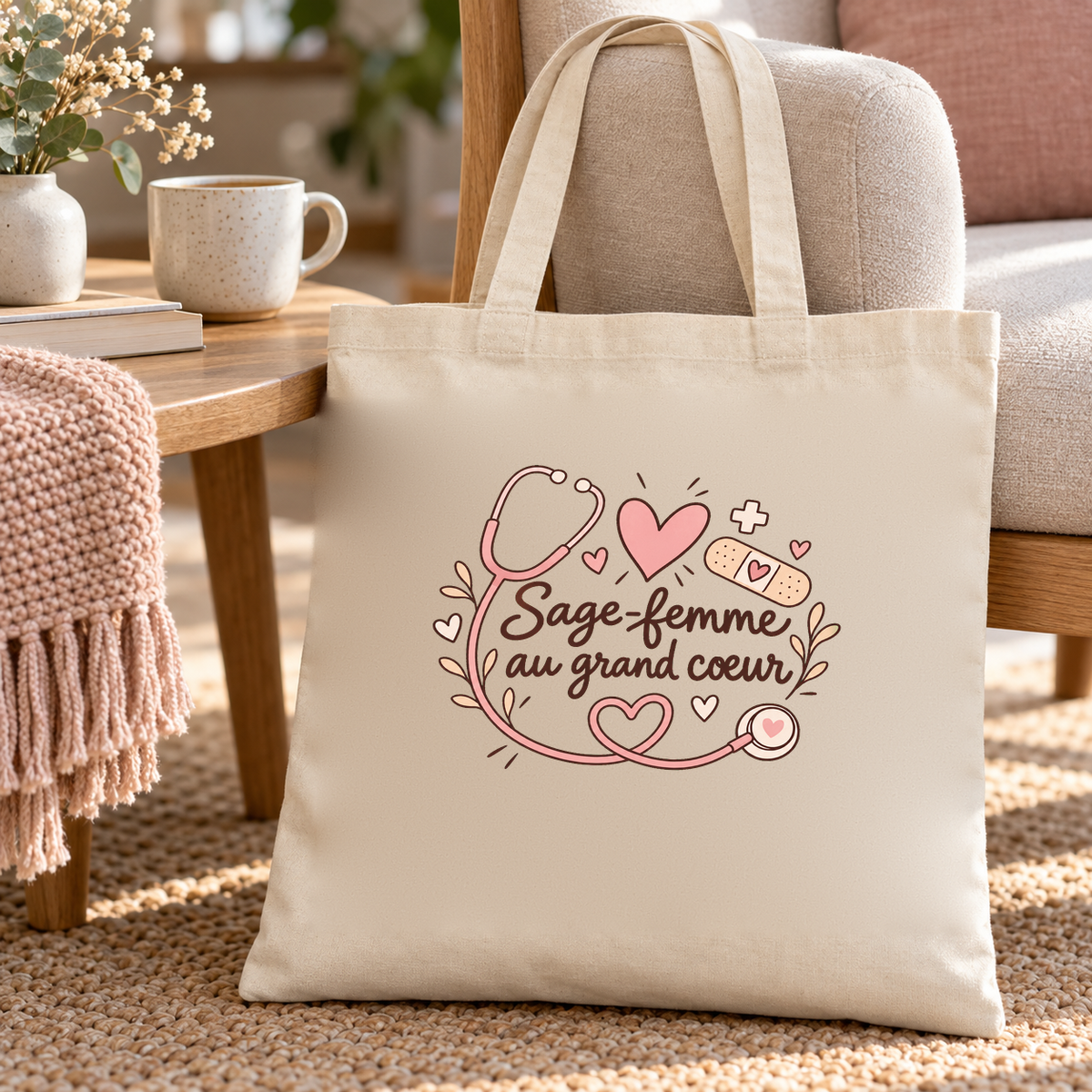 Tote bag sage-femme « Sage-femme au grand cœur » Essentiel posé sur une banquette, à côté d'un plaid rose