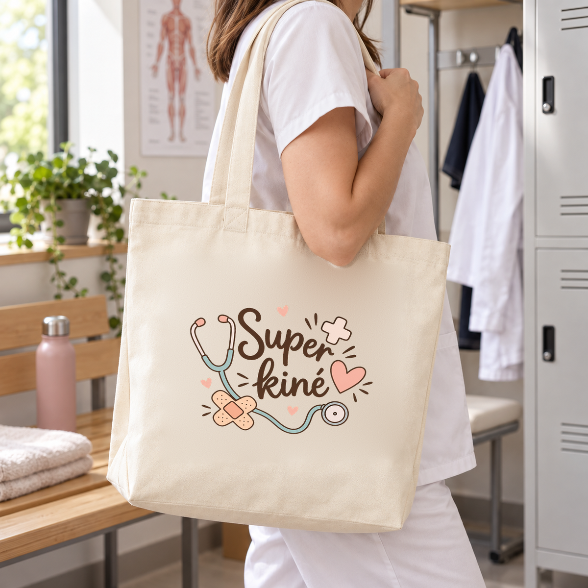 Tote bag kinésithérapeute « Super kiné » Premium porté à l'épaule dans le vestiaire du cabinet