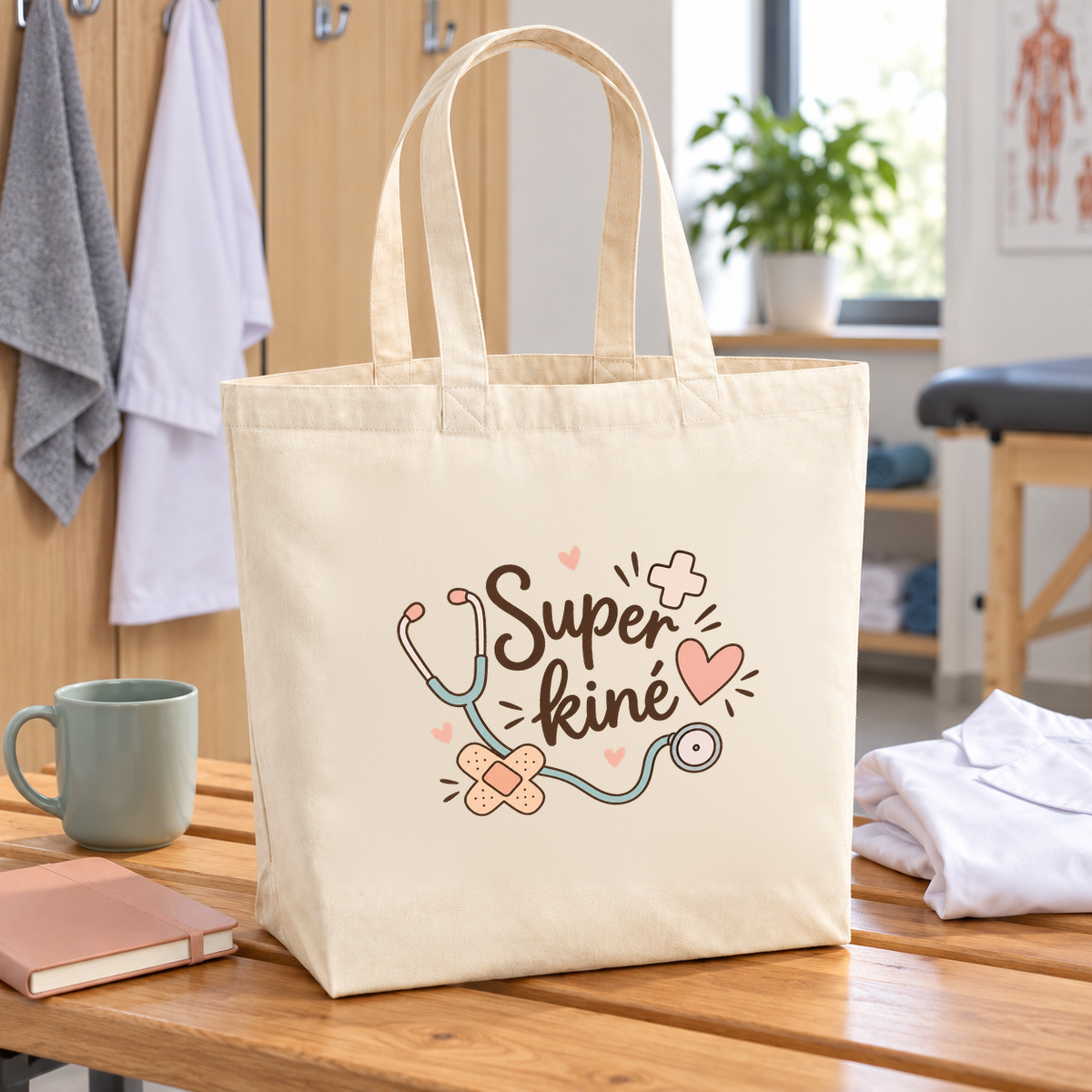 Tote bag kinésithérapeute « Super kiné » Premium posé sur une table, à côté d'un mug et de serviettes pliées