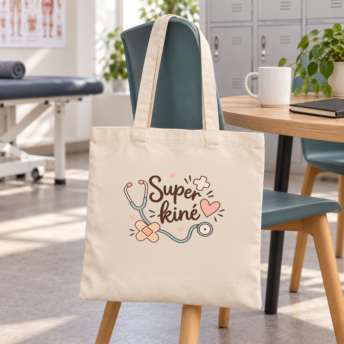 Tote bag kinésithérapeute « Super kiné » Essentiel suspendu à une chaise dans un cabinet de kinésithérapie