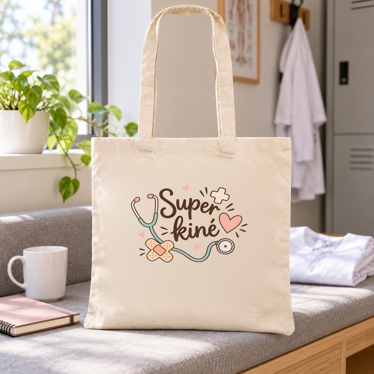Tote bag kinésithérapeute « Super kiné » Essentiel posé sur une banquette, à côté d'un mug et d'un carnet