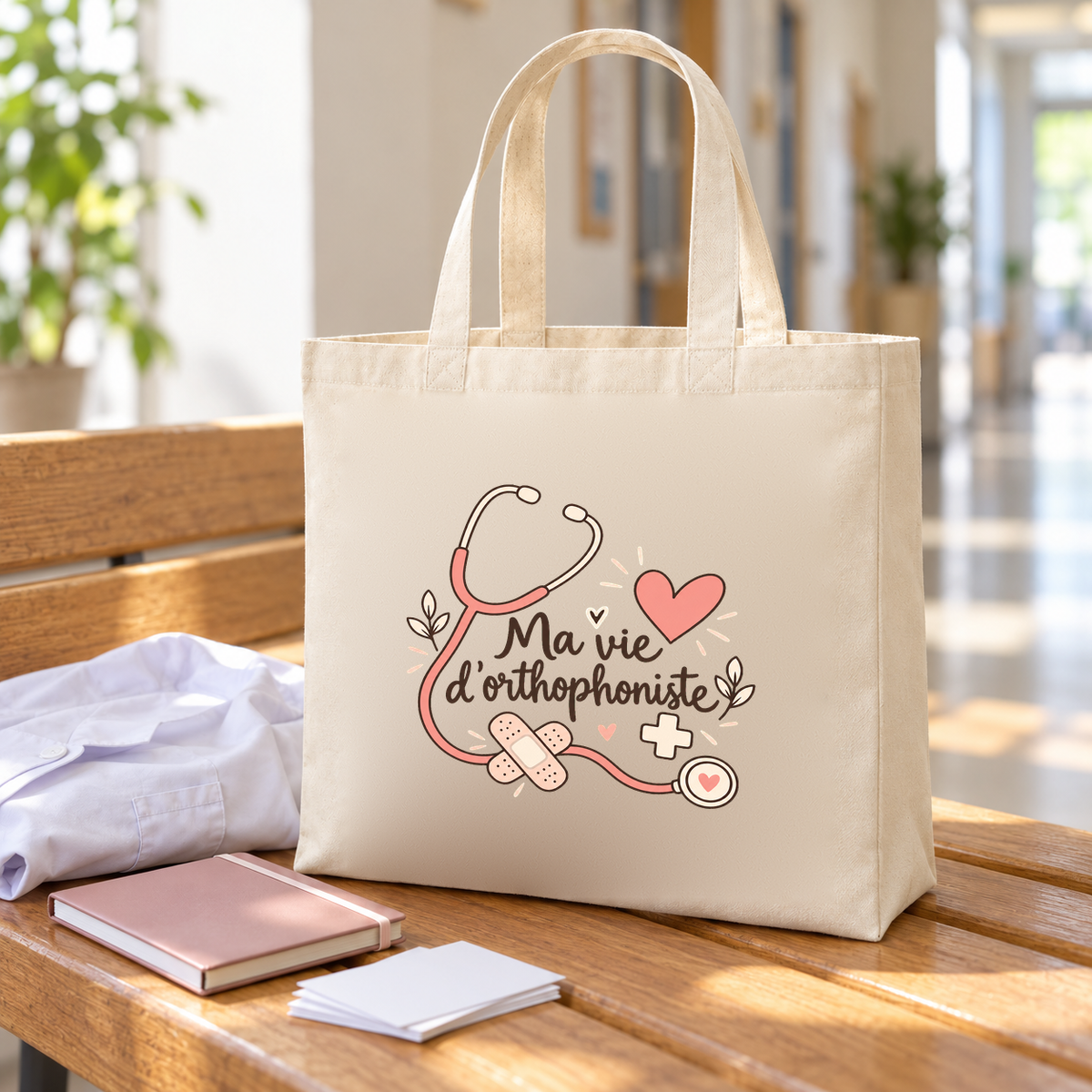 Tote bag orthophoniste « Ma vie d'orthophoniste » Premium posé sur un banc, à côté d'une blouse et de carnets