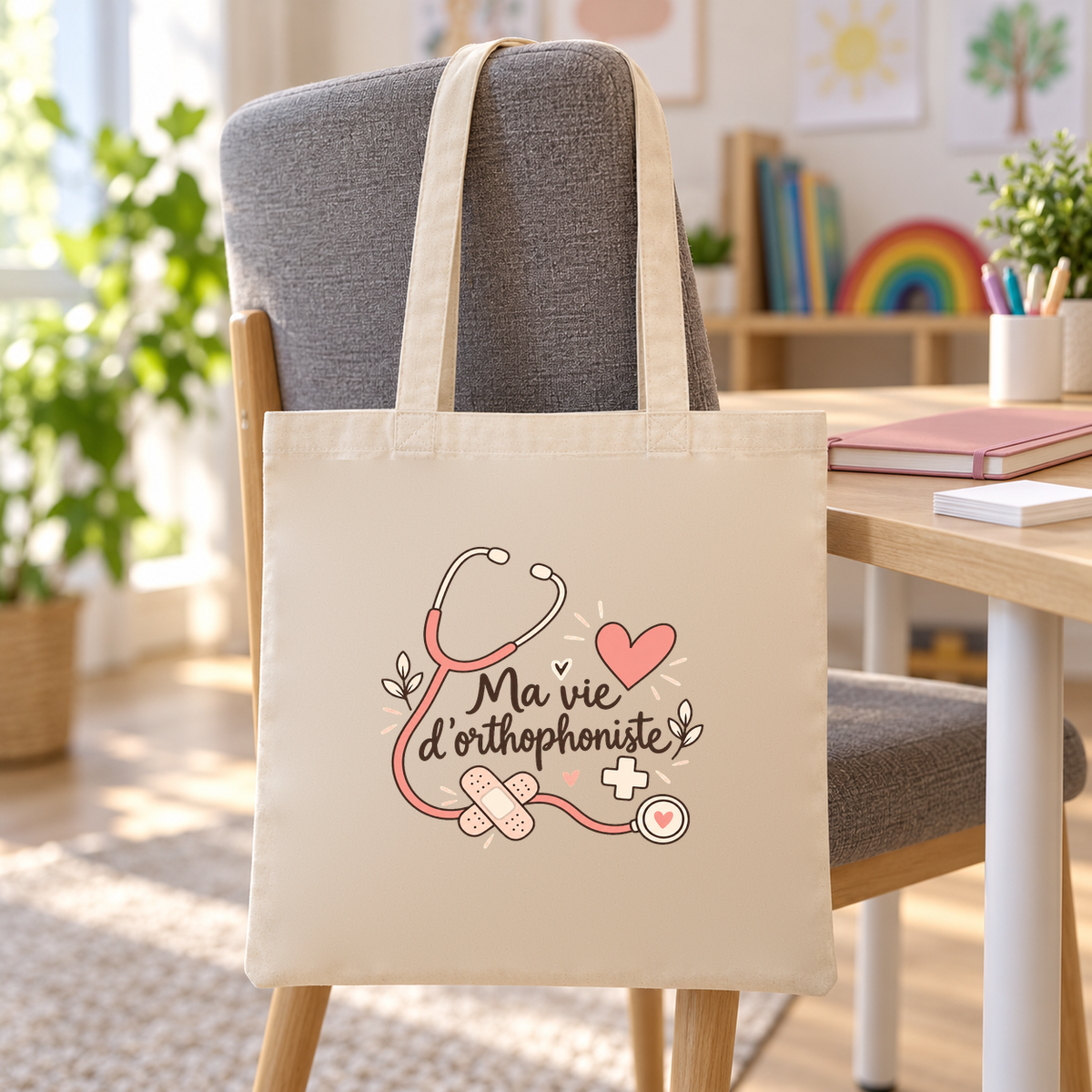 Tote bag orthophoniste « Ma vie d'orthophoniste » Essentiel suspendu à une chaise dans un cabinet d'orthophonie