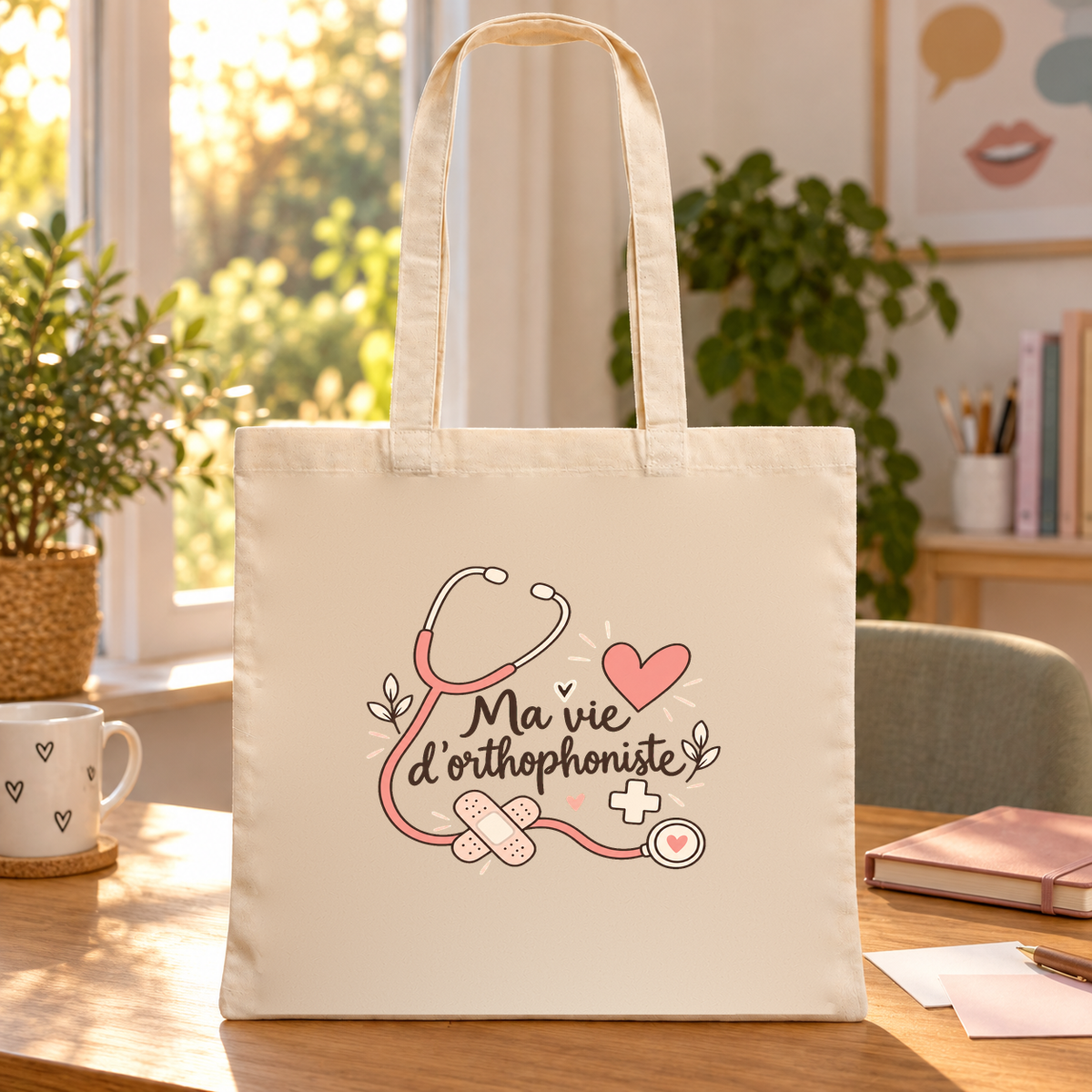 Tote bag orthophoniste « Ma vie d'orthophoniste » Essentiel posé sur une table près d'une fenêtre, à côté d'un mug