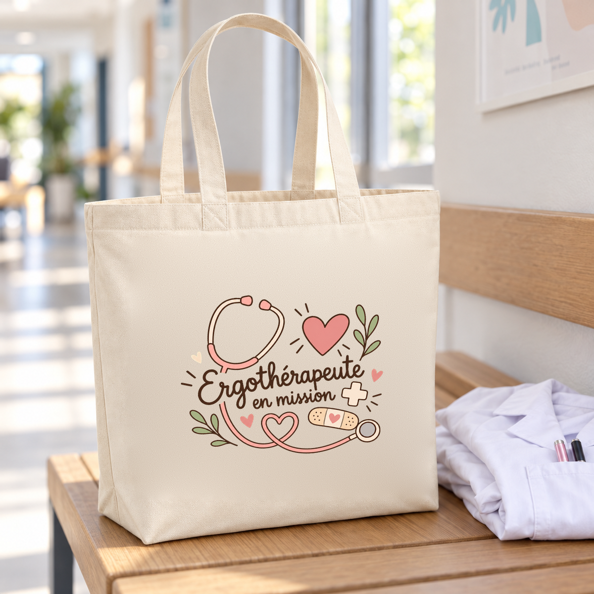 Tote bag ergothérapeute « Ergothérapeute en mission » Premium posé sur un banc, à côté d'une blouse pliée