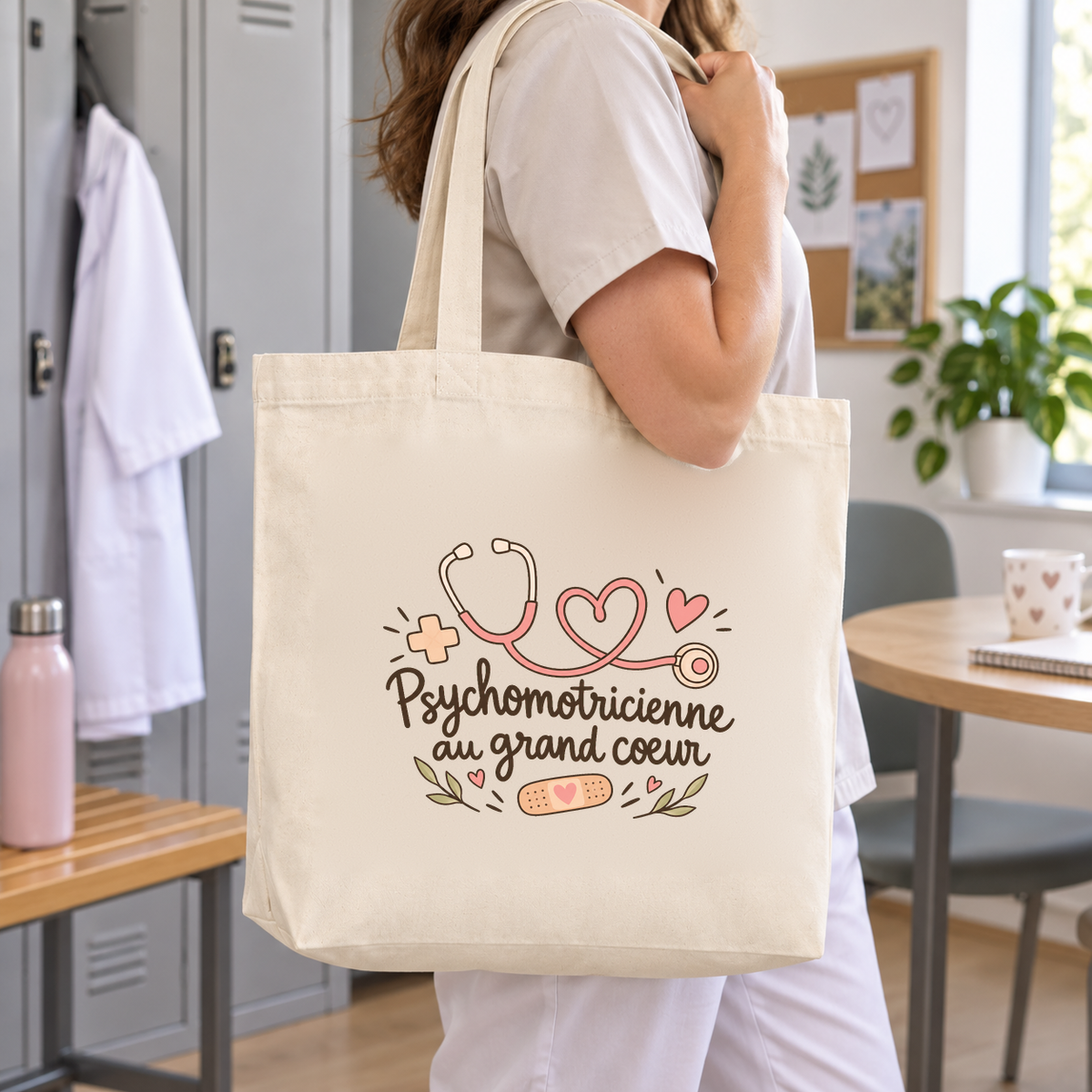Tote bag psychomotricienne « Psychomotricienne au grand cœur » Premium porté à l'épaule dans le vestiaire