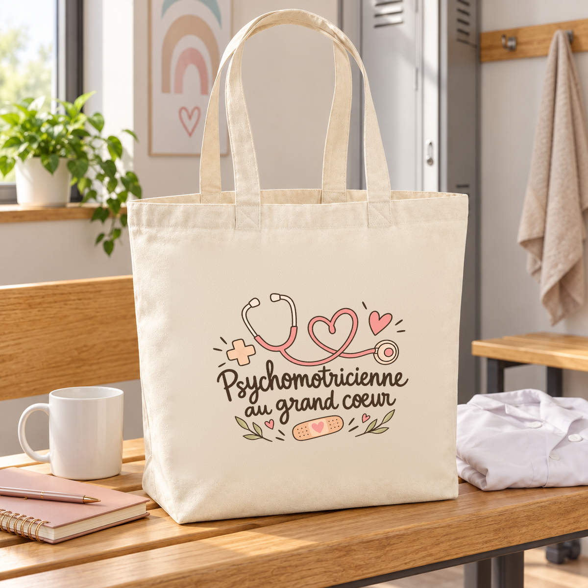 Tote bag psychomotricienne « Psychomotricienne au grand cœur » Premium posé sur une table, à côté d'un mug et d'un carnet