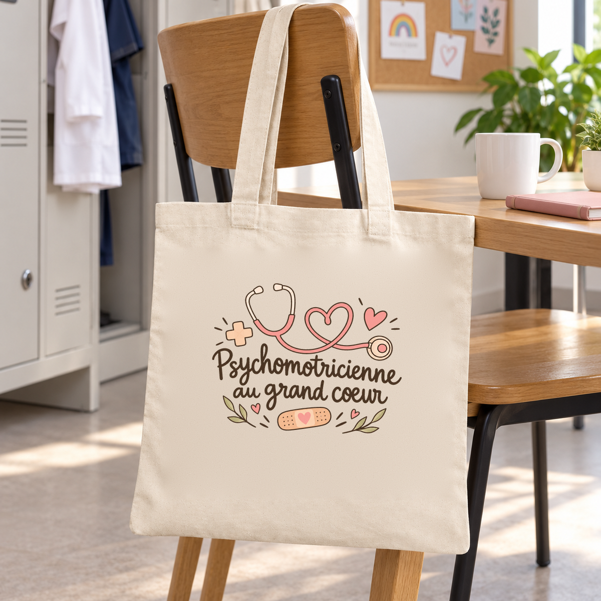 Tote bag psychomotricienne « Psychomotricienne au grand cœur » Essentiel suspendu à une chaise dans la salle de pause