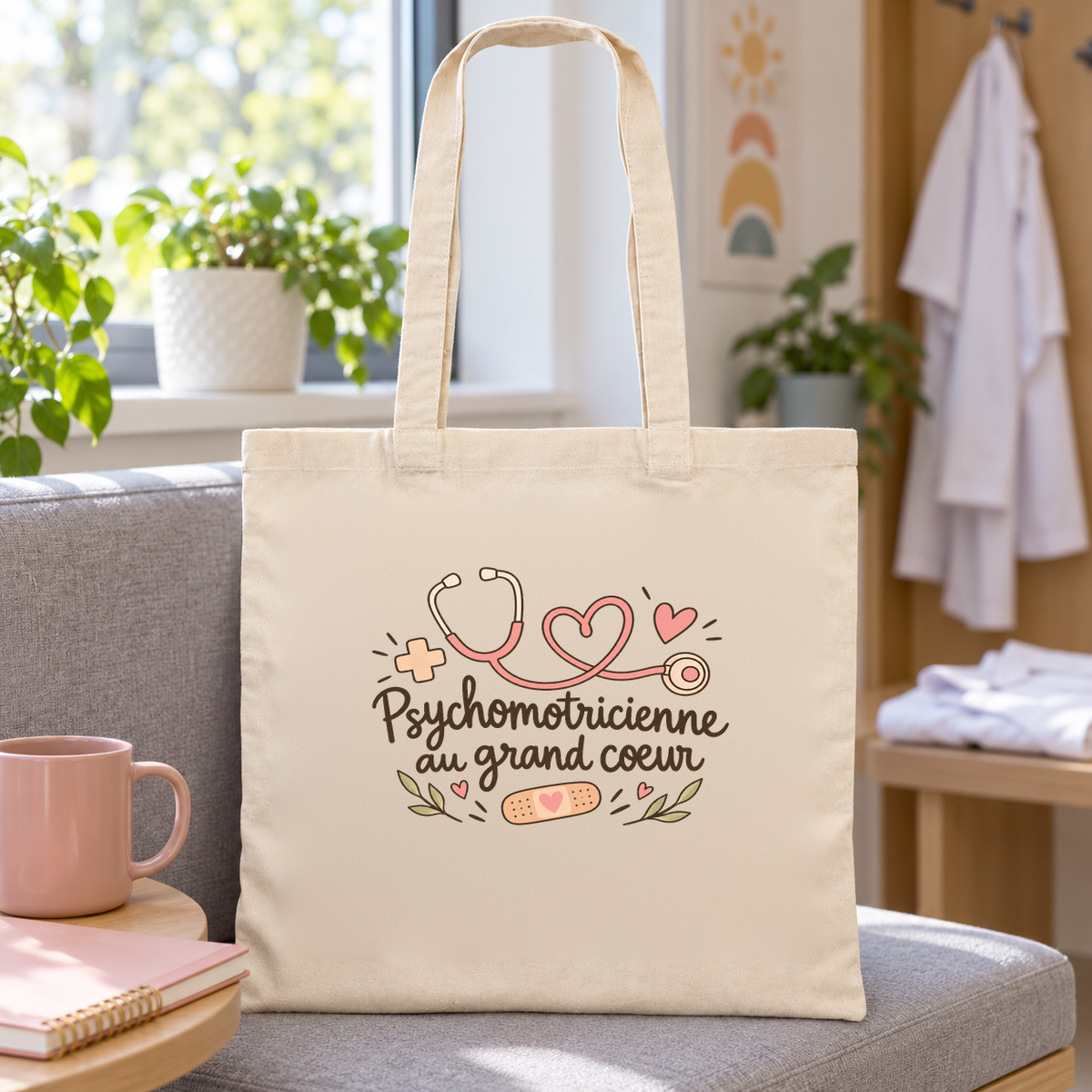 Tote bag psychomotricienne « Psychomotricienne au grand cœur » Essentiel posé sur une banquette, à côté d'un mug rose