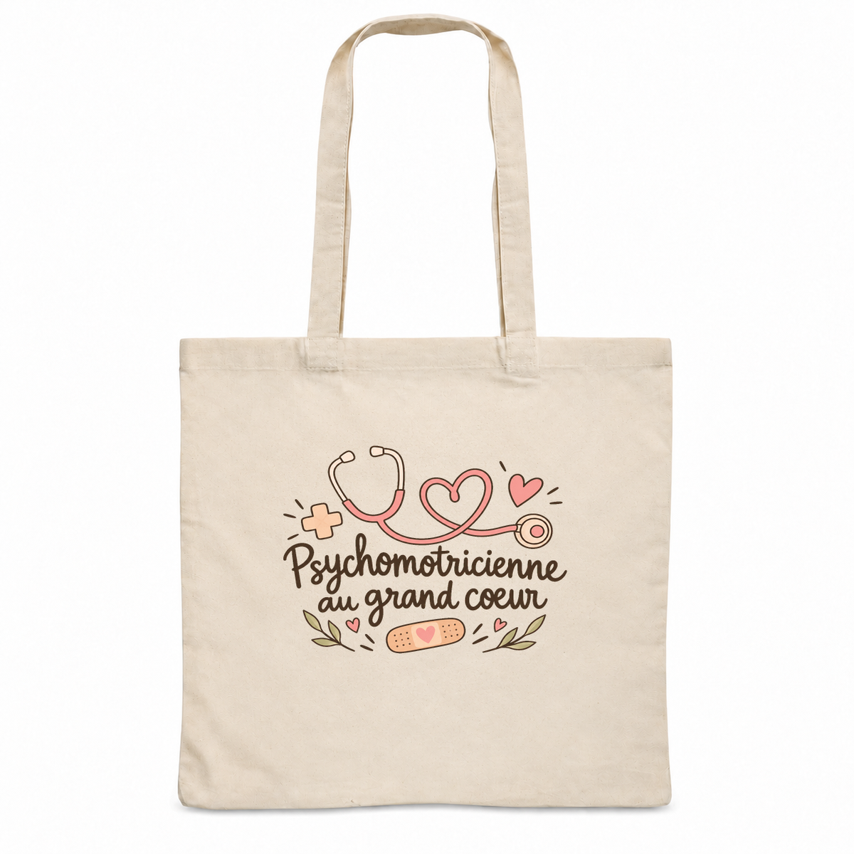 Tote bag psychomotricienne « Psychomotricienne au grand cœur » Essentiel, sac plat en coton naturel 140 g/m² de 38 × 42 cm, illustration bohème d'un stéthoscope, de cœurs, d'une petite croix et d'un pansement