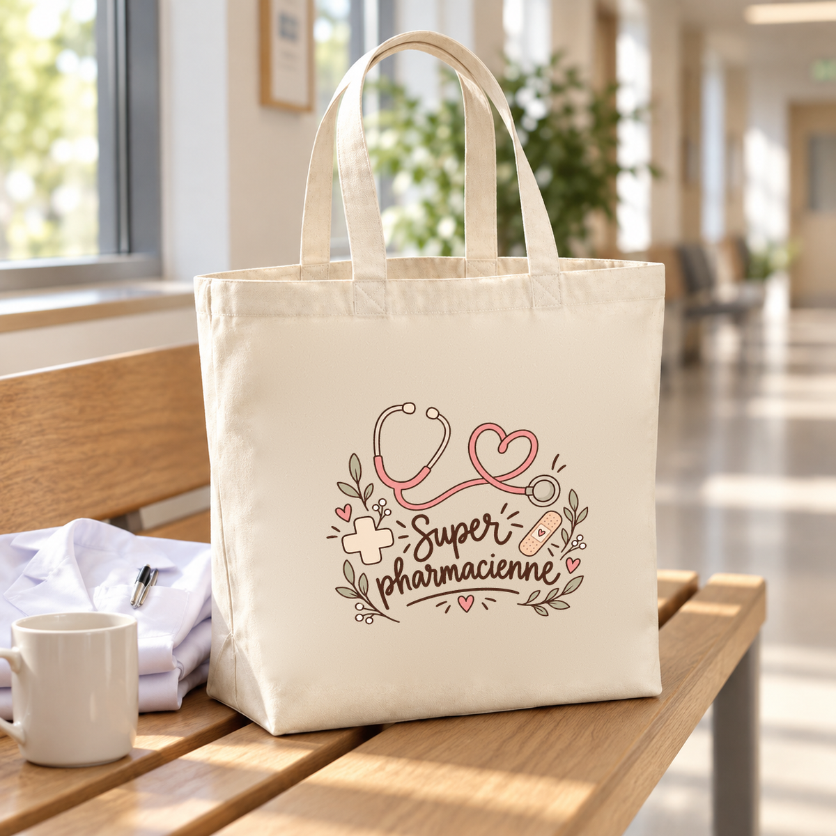 Tote bag pharmacienne « Super pharmacienne » Premium posé sur un banc, à côté d'une blouse pliée et d'un mug