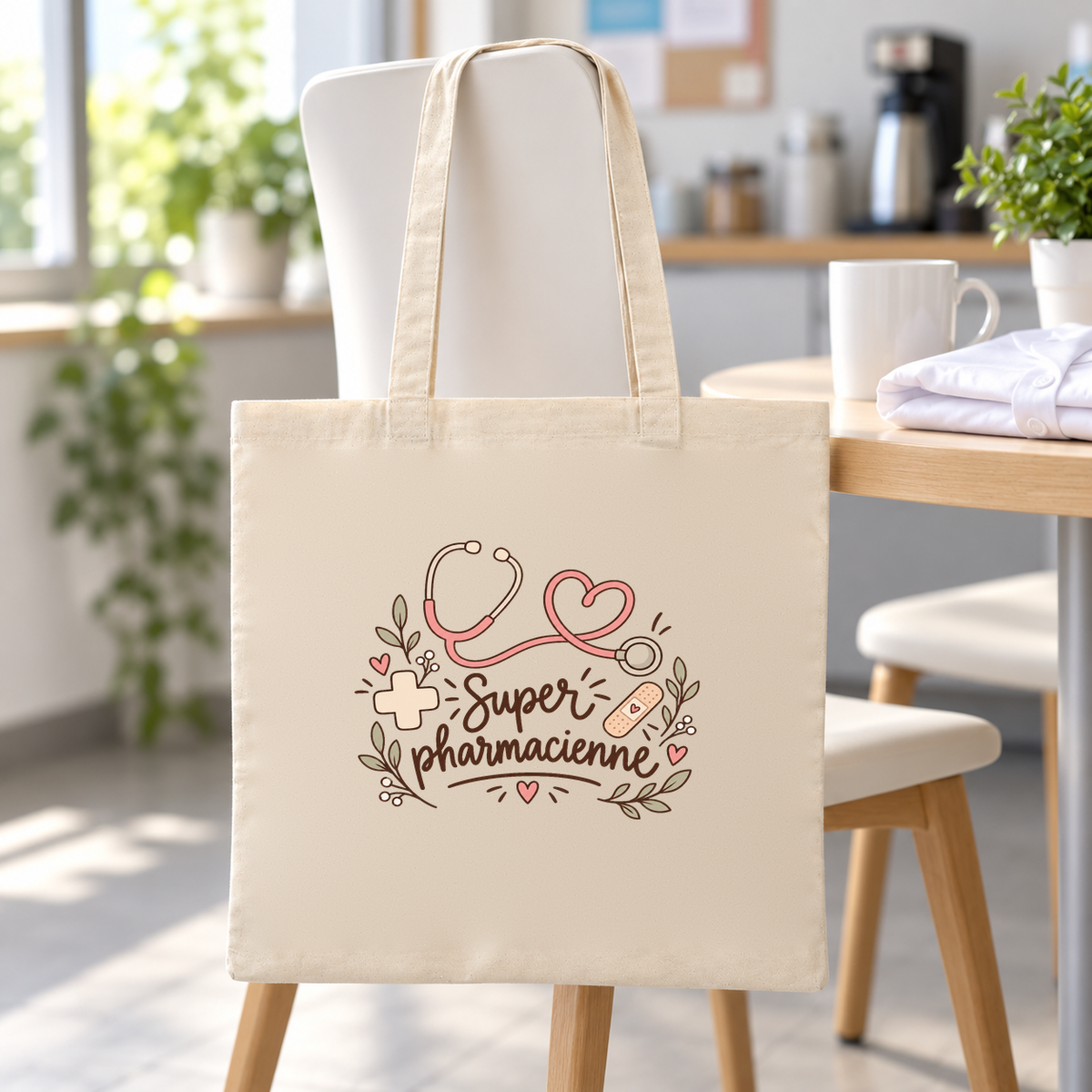 Tote bag pharmacienne « Super pharmacienne » Essentiel suspendu à une chaise dans l'arrière-boutique de la pharmacie