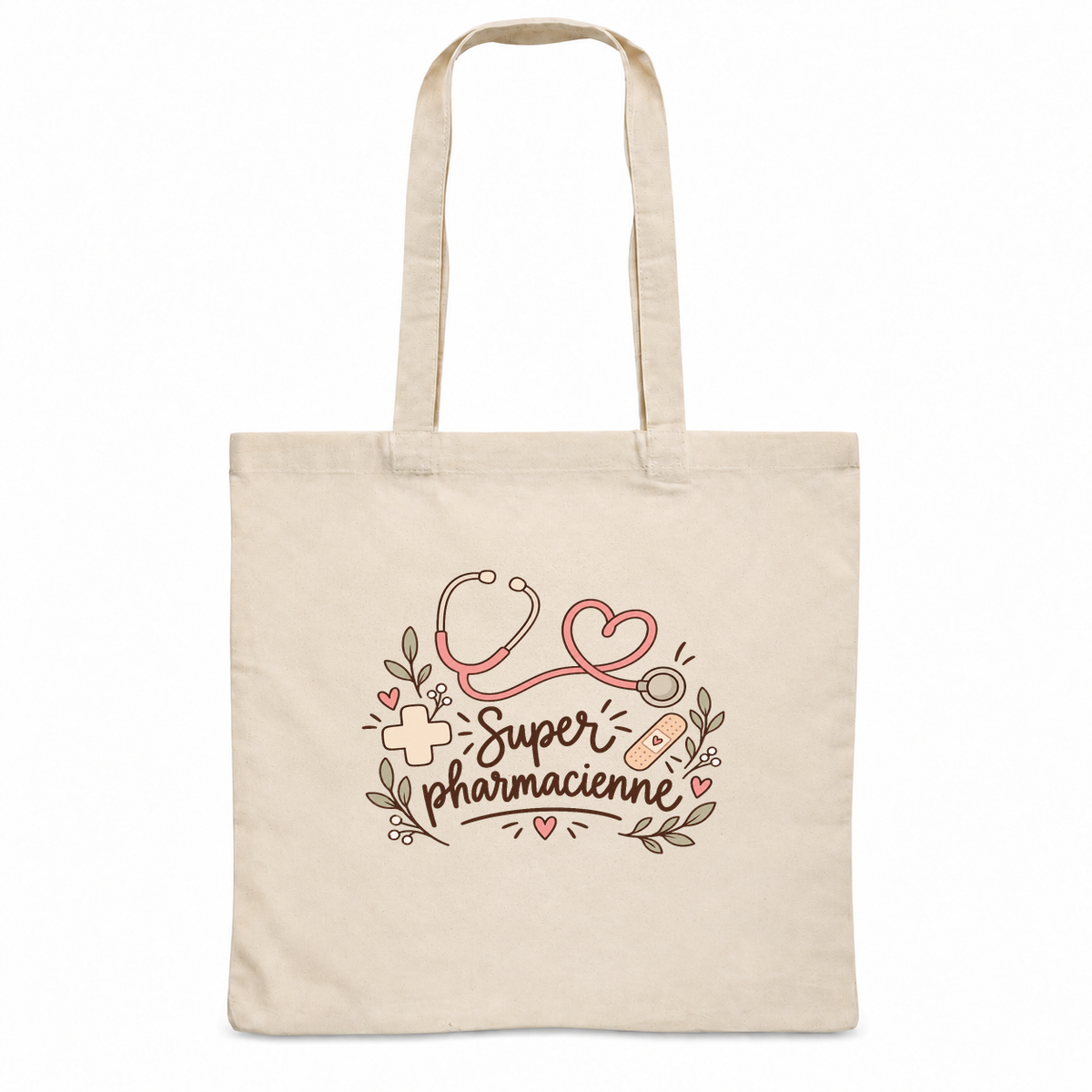 Tote bag pharmacienne « Super pharmacienne » Essentiel, sac plat en coton naturel 140 g/m² de 38 × 42 cm, illustration bohème d'un stéthoscope, de cœurs, d'une petite croix et d'un pansement