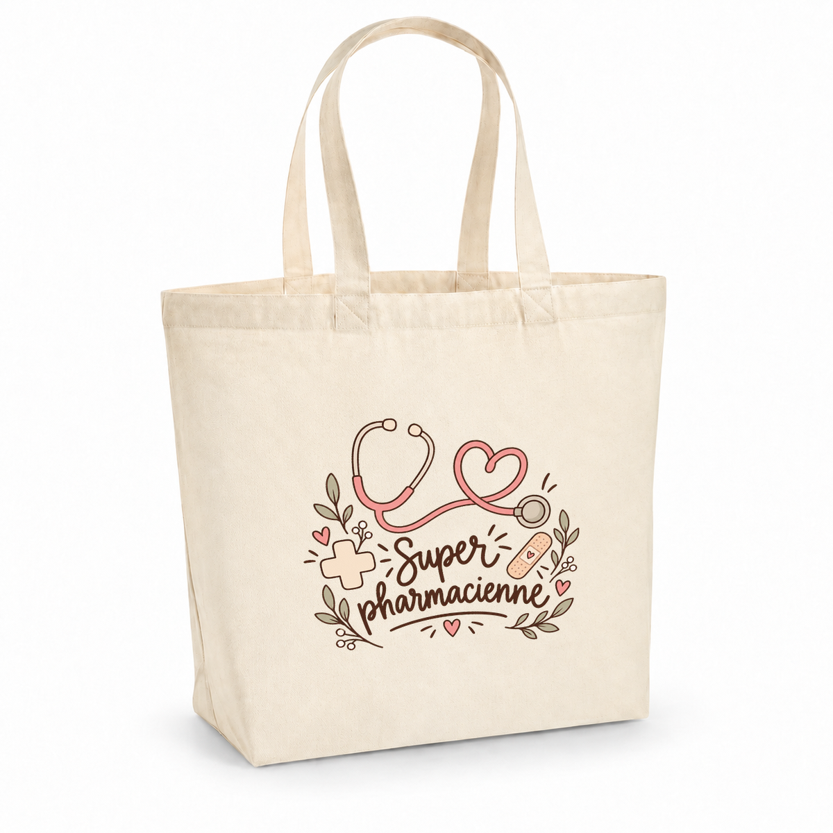 Tote bag pharmacienne « Super pharmacienne » Premium, cabas à soufflet en coton naturel 200 g/m² de 18 litres, illustration bohème d'un stéthoscope, de cœurs, d'une petite croix et d'un pansement