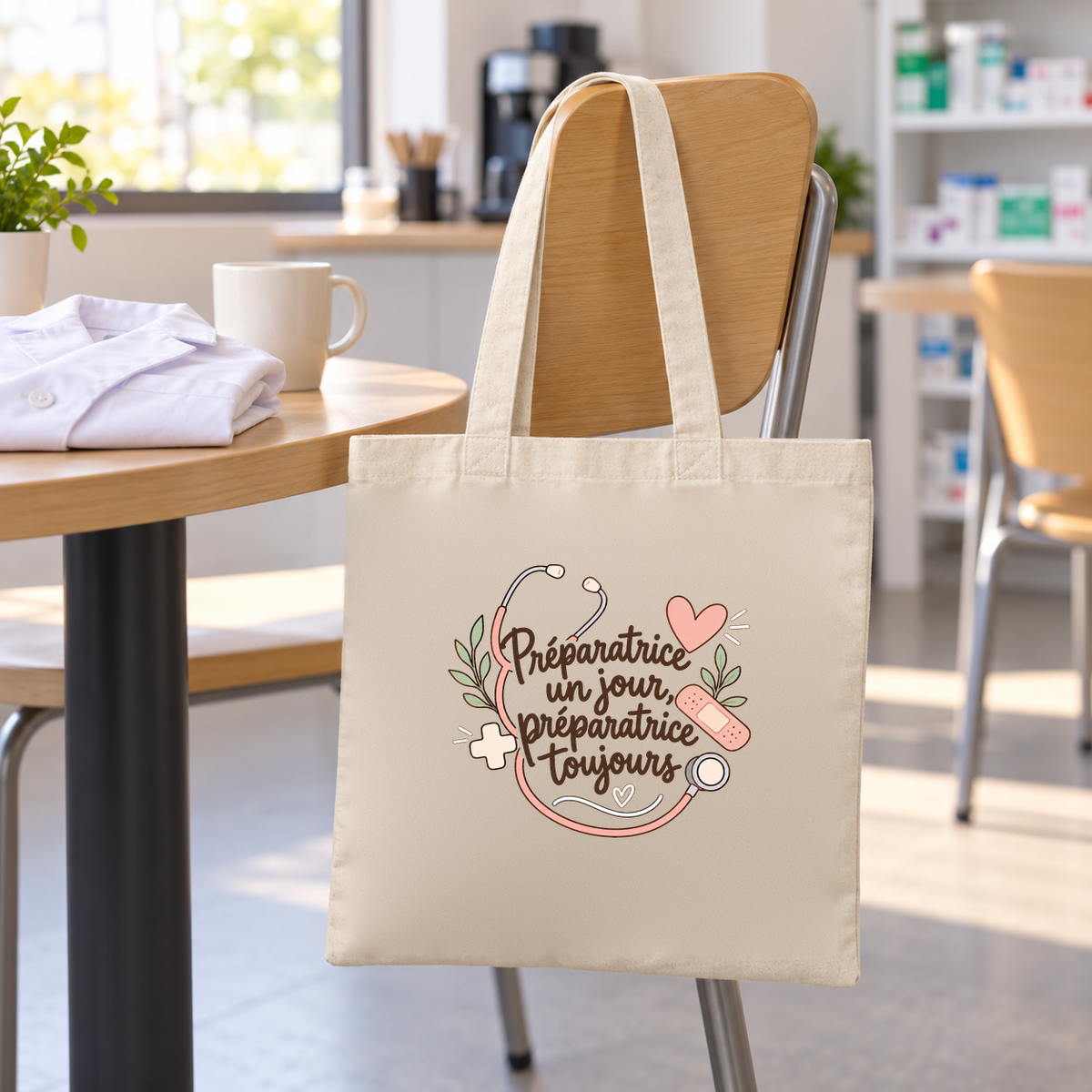 Tote bag préparatrice en pharmacie Essentiel suspendu à une chaise dans l'arrière-boutique de la pharmacie