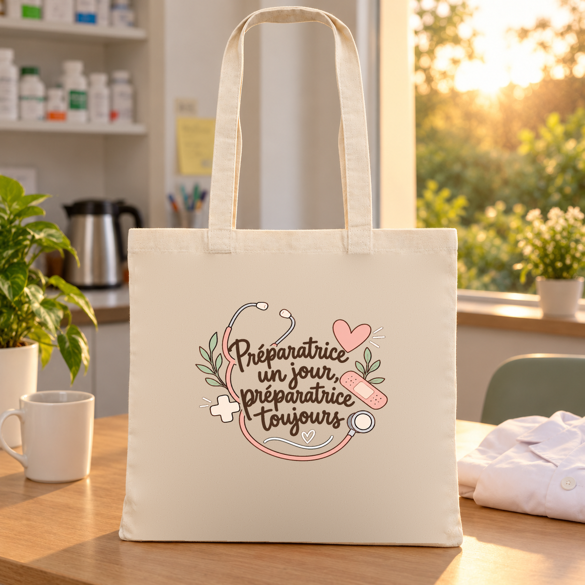Tote bag préparatrice en pharmacie Essentiel posé sur une table au soleil, à côté d'une blouse