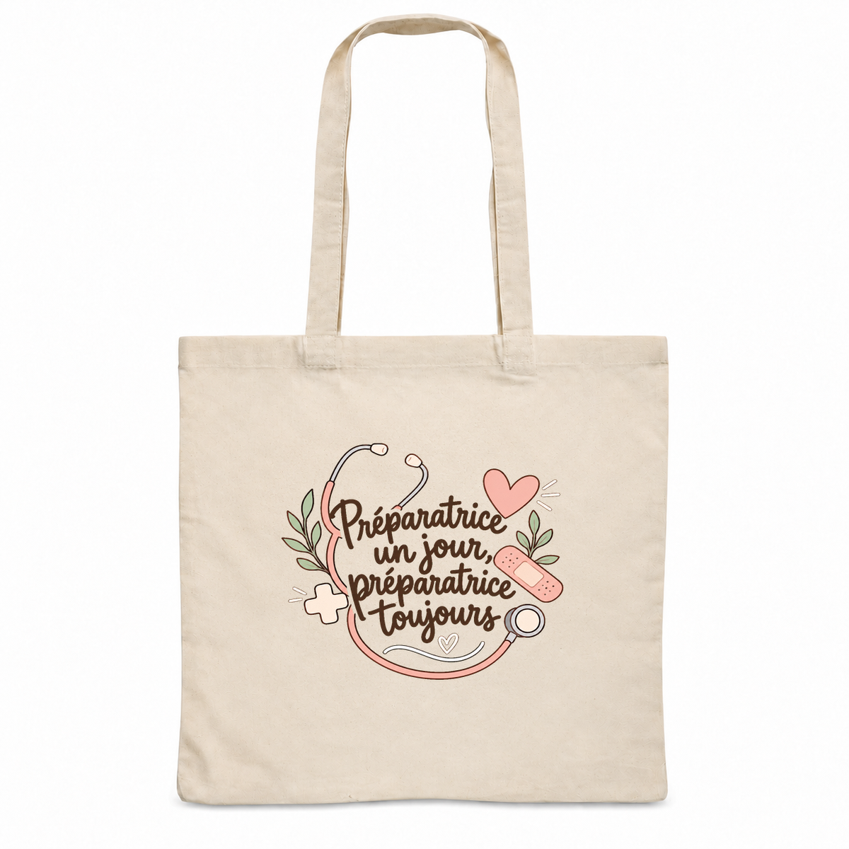 Tote bag préparatrice en pharmacie Essentiel, sac plat en coton naturel 140 g/m² de 38 × 42 cm, illustration bohème d'un stéthoscope, de cœurs, d'une petite croix et d'un pansement