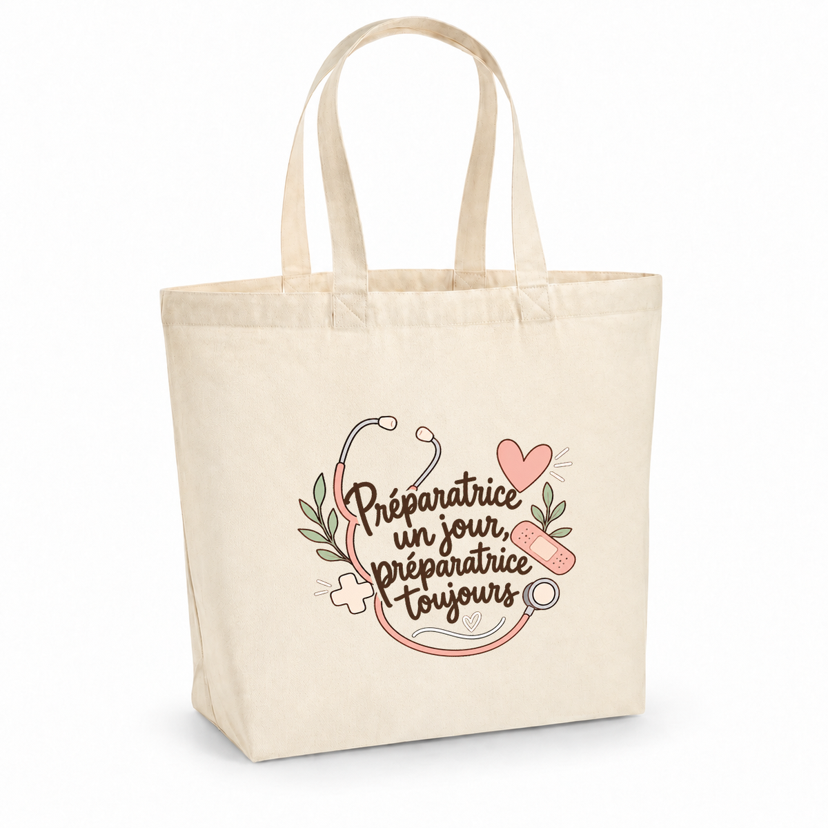 Tote bag préparatrice en pharmacie Premium, cabas à soufflet en coton naturel 200 g/m² de 18 litres, illustration bohème d'un stéthoscope, de cœurs, d'une petite croix et d'un pansement