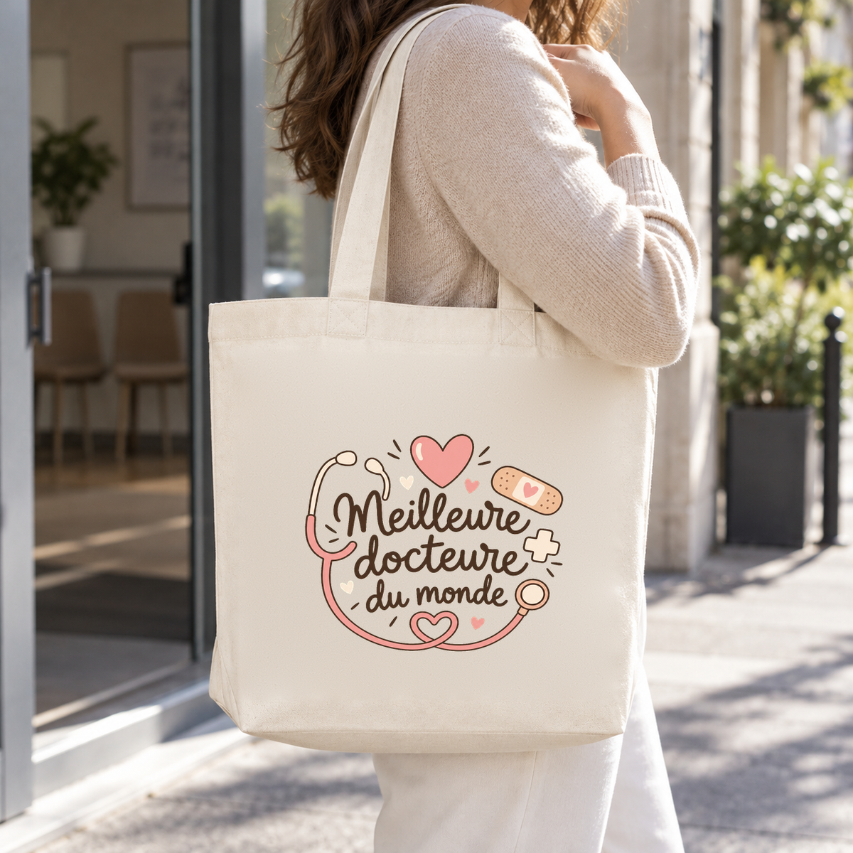 Tote bag médecin « Meilleure docteure du monde » Premium porté à l'épaule à la sortie du cabinet médical