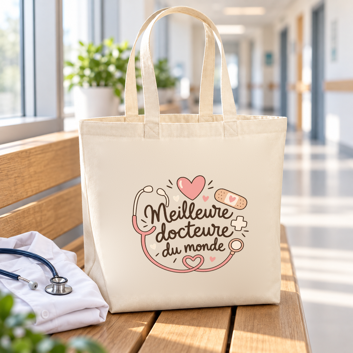 Tote bag médecin « Meilleure docteure du monde » Premium posé sur un banc, à côté d'une blouse et d'un stéthoscope
