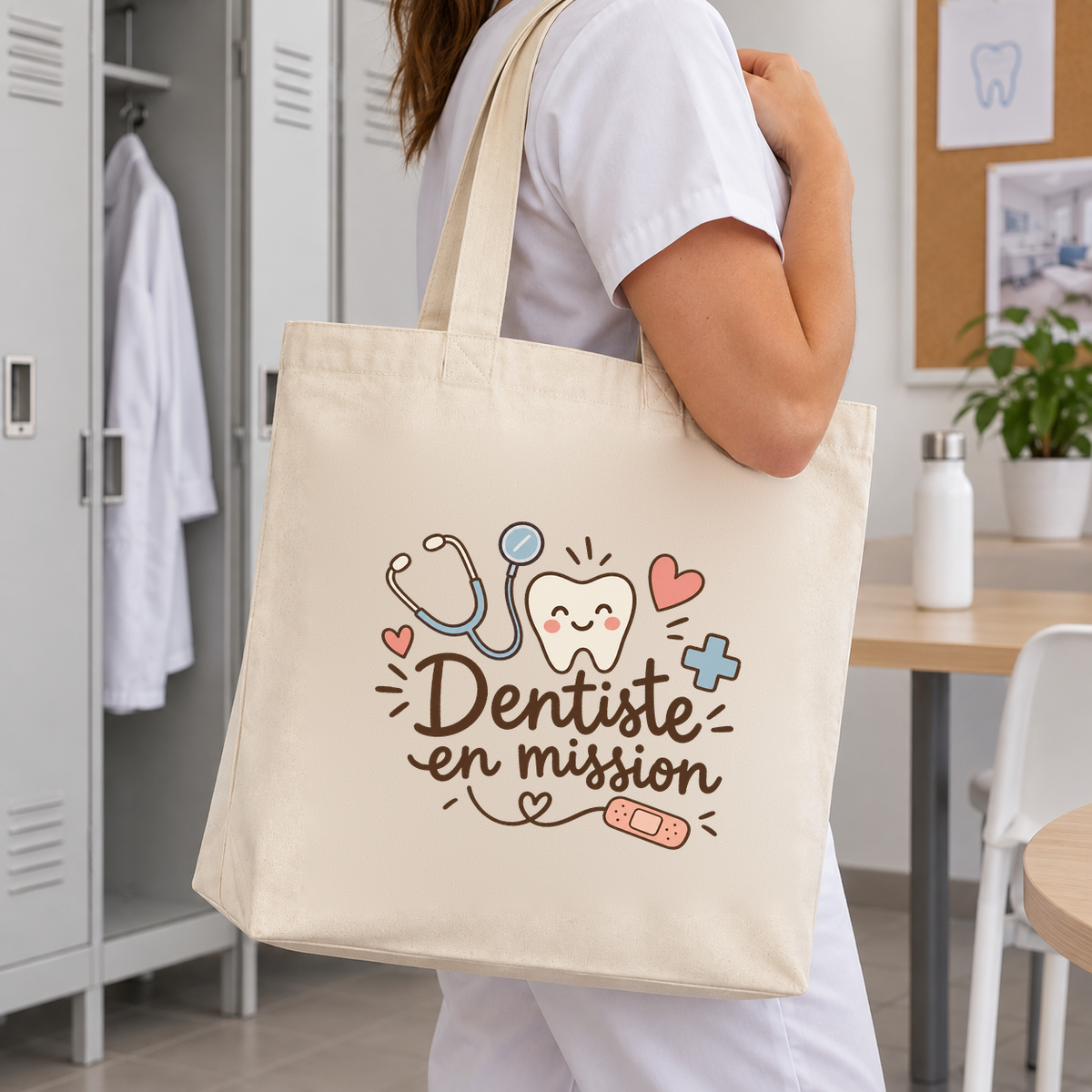 Tote bag dentiste « Dentiste en mission » Premium porté à l'épaule dans le vestiaire du cabinet
