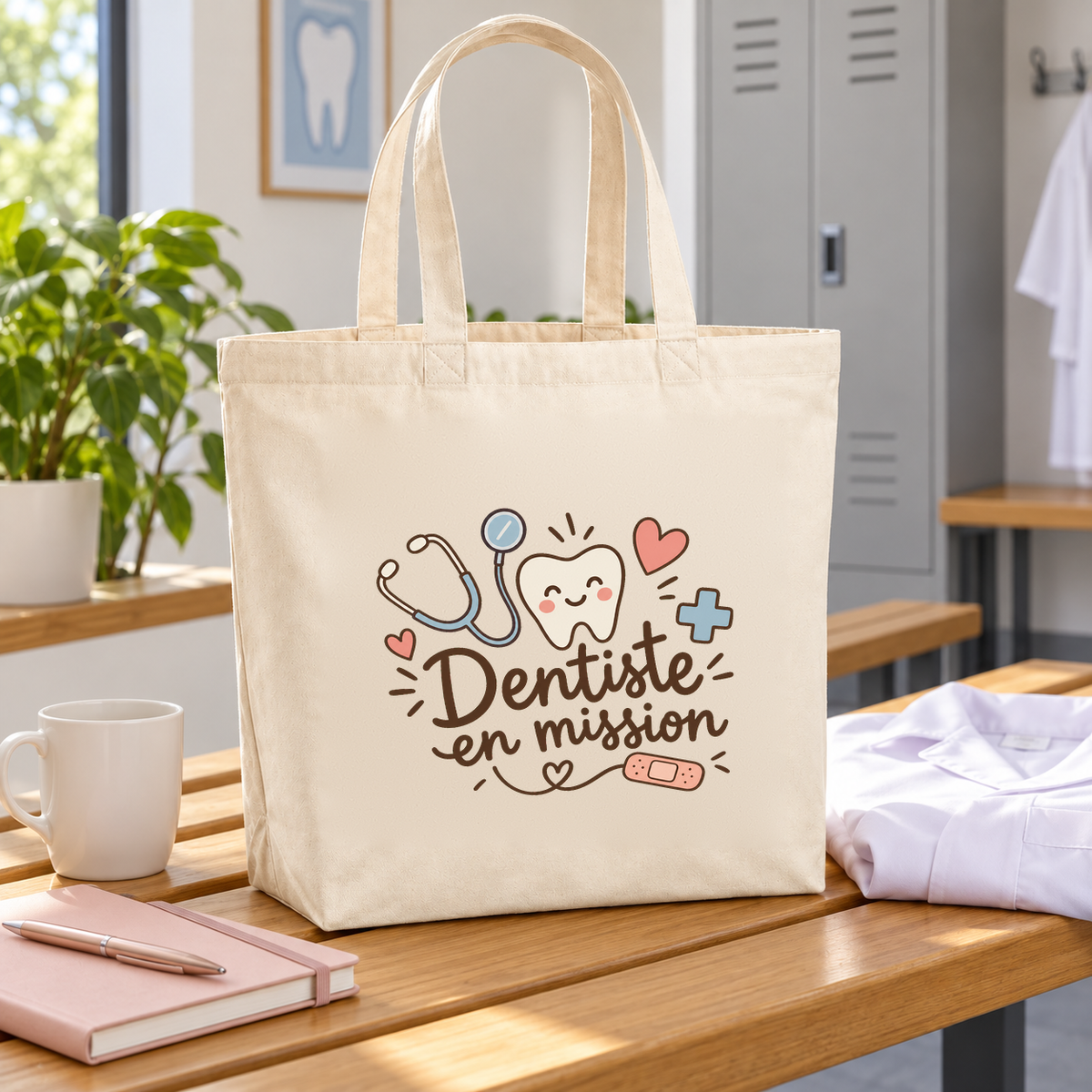 Tote bag dentiste « Dentiste en mission » Premium posé sur une table, à côté d'un mug et d'une blouse pliée