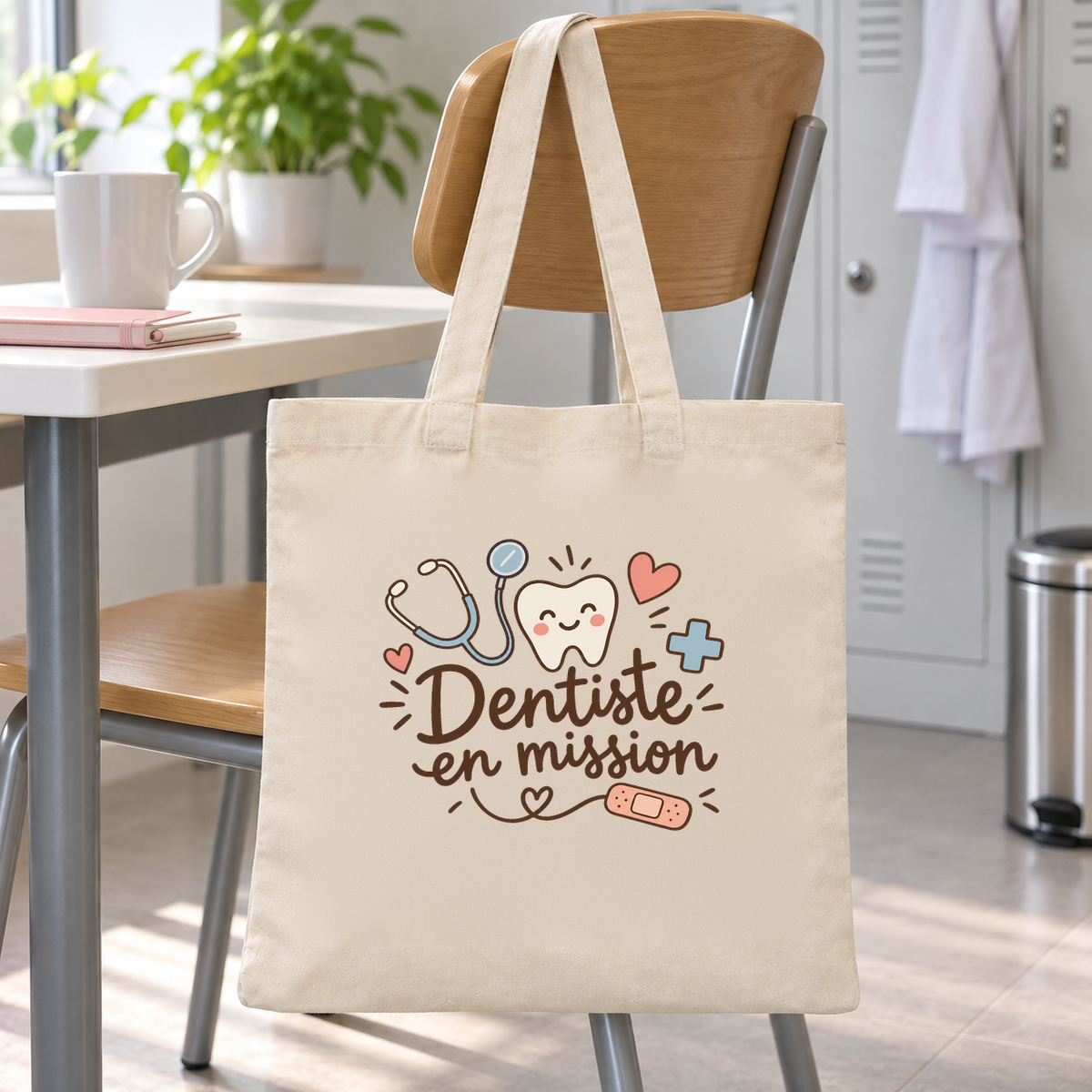 Tote bag dentiste « Dentiste en mission » Essentiel suspendu à une chaise dans la salle de pause