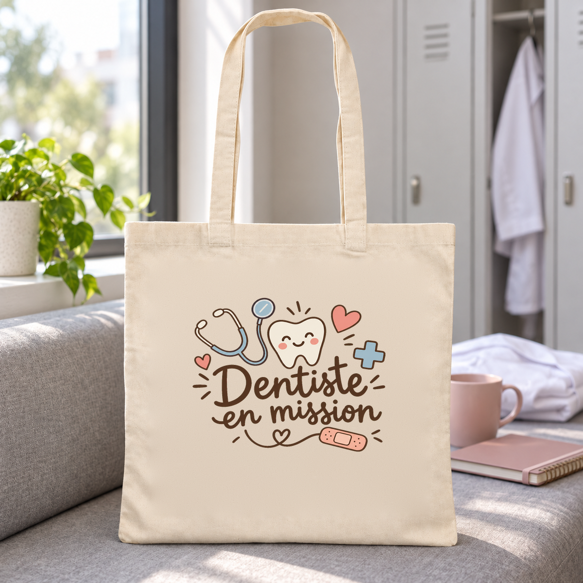 Tote bag dentiste « Dentiste en mission » Essentiel posé sur une banquette, à côté d'une blouse