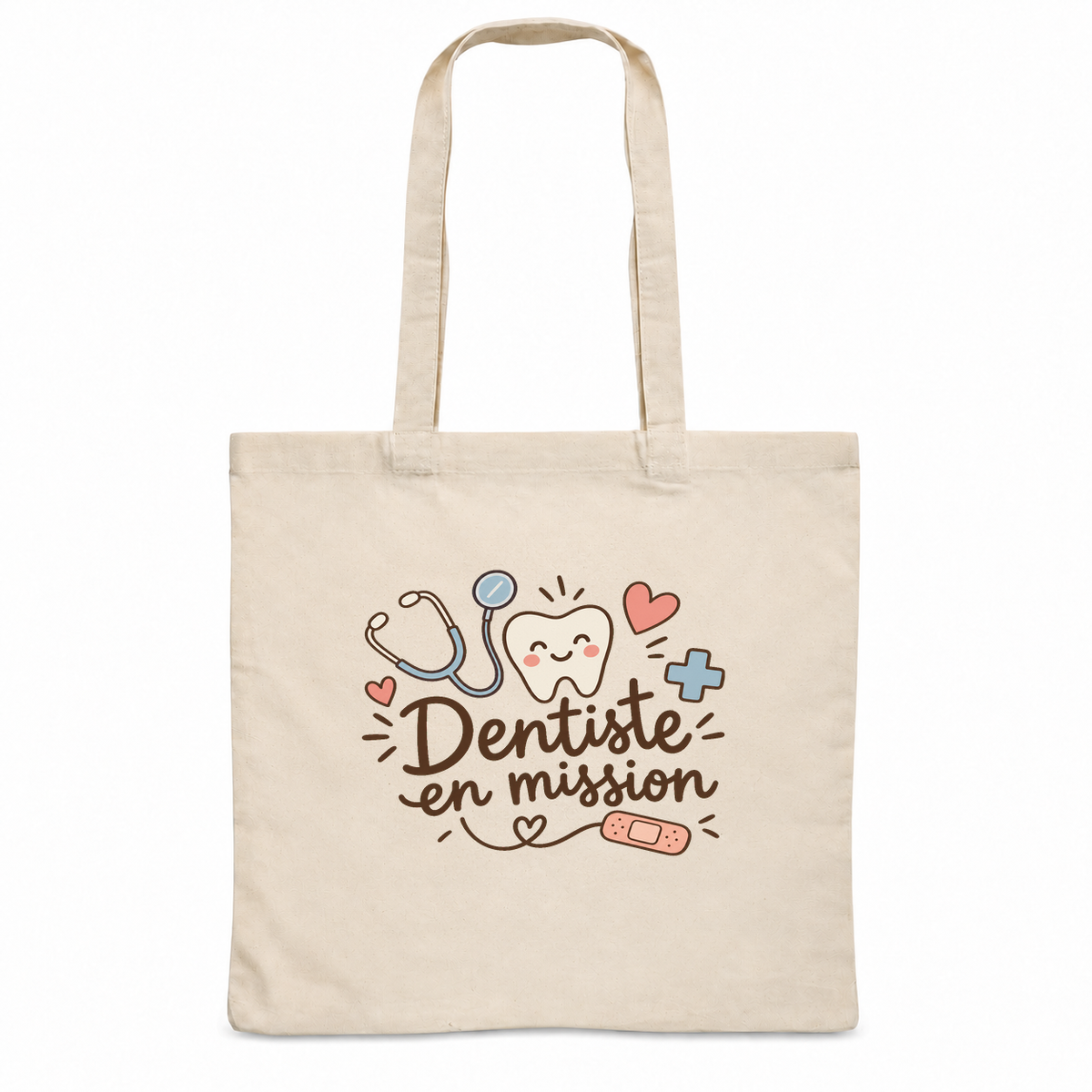 Tote bag dentiste « Dentiste en mission » Essentiel, sac plat en coton naturel 140 g/m² de 38 × 42 cm, illustration bohème d'une dent souriante, d'un stéthoscope, de cœurs et d'un pansement