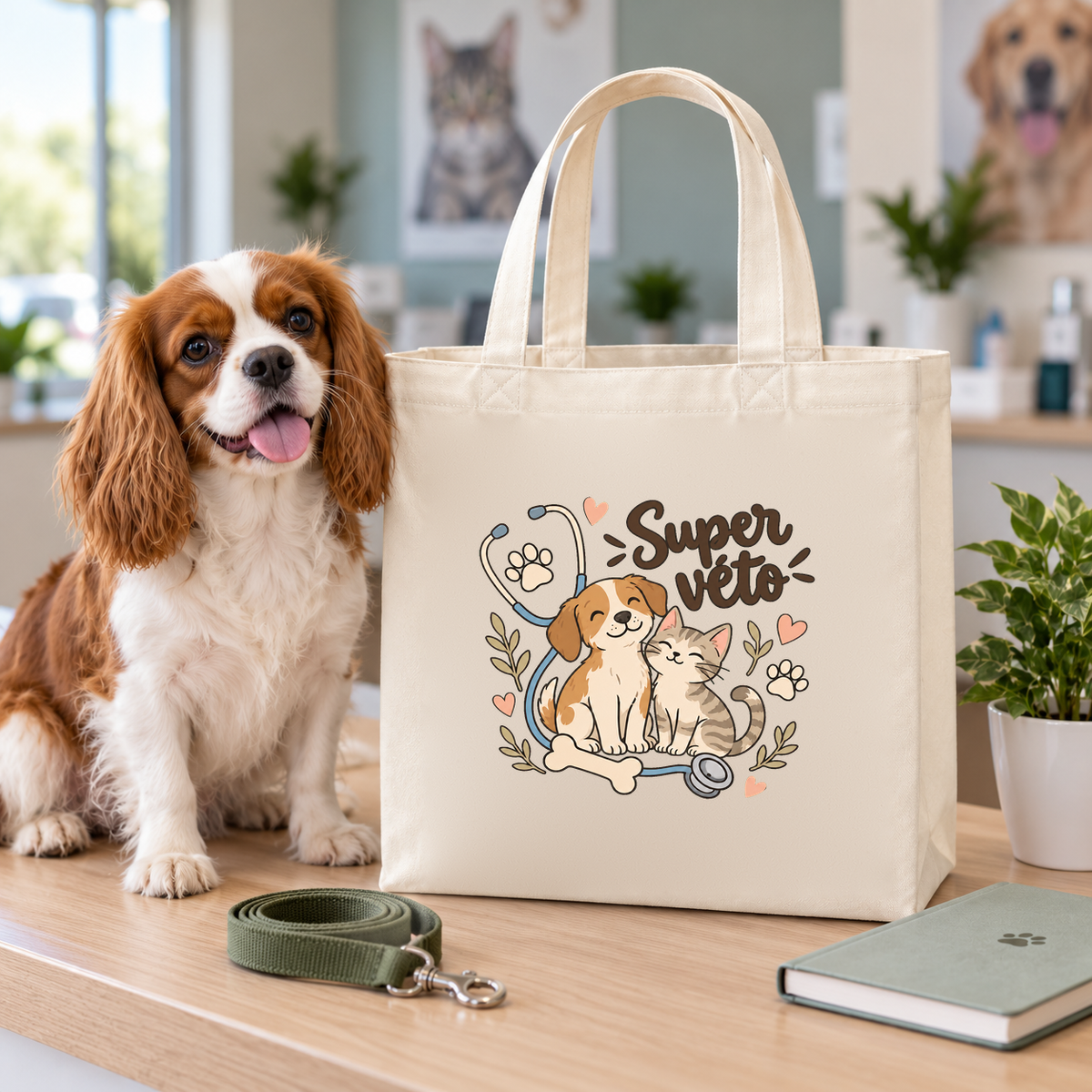 Tote bag vétérinaire « Super véto » Premium posé sur une table, à côté d'un petit chien et d'une laisse