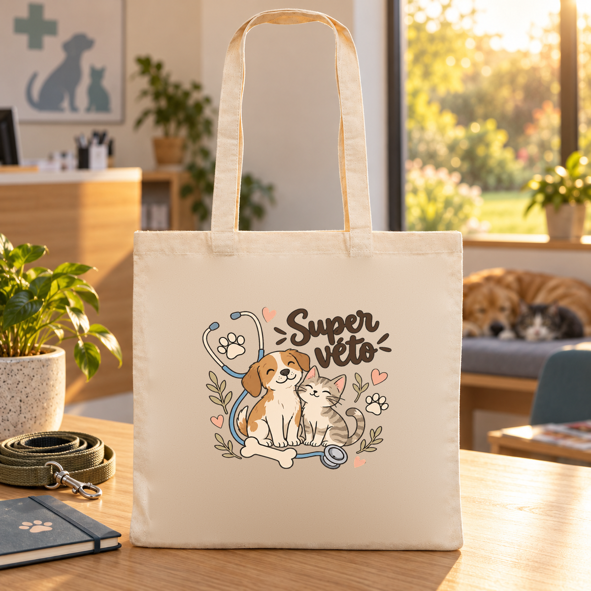 Tote bag vétérinaire « Super véto » Essentiel posé sur une table de la clinique, à côté d'une laisse