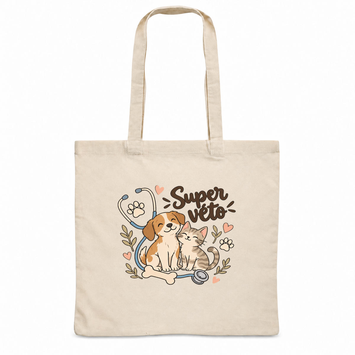 Tote bag vétérinaire « Super véto » Essentiel, sac plat en coton naturel 140 g/m² de 38 × 42 cm, illustration bohème d'un chiot et d'un chaton blottis l'un contre l'autre, d'un stéthoscope, d'un os et de pattes