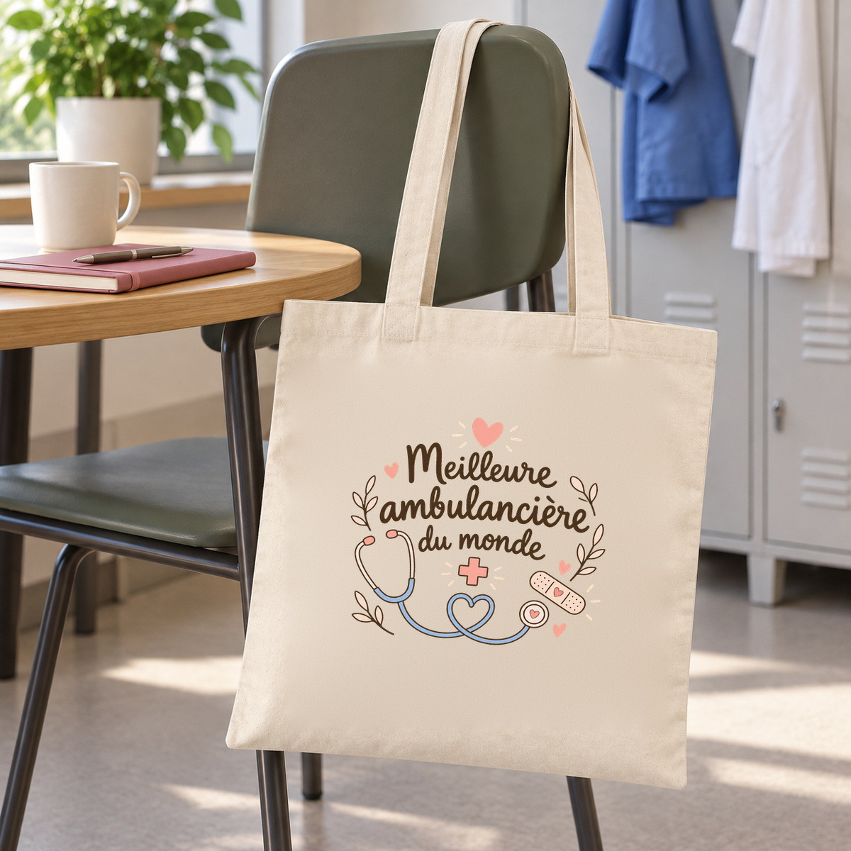 Tote bag ambulancière « Meilleure ambulancière du monde » Essentiel suspendu à une chaise dans la salle de pause