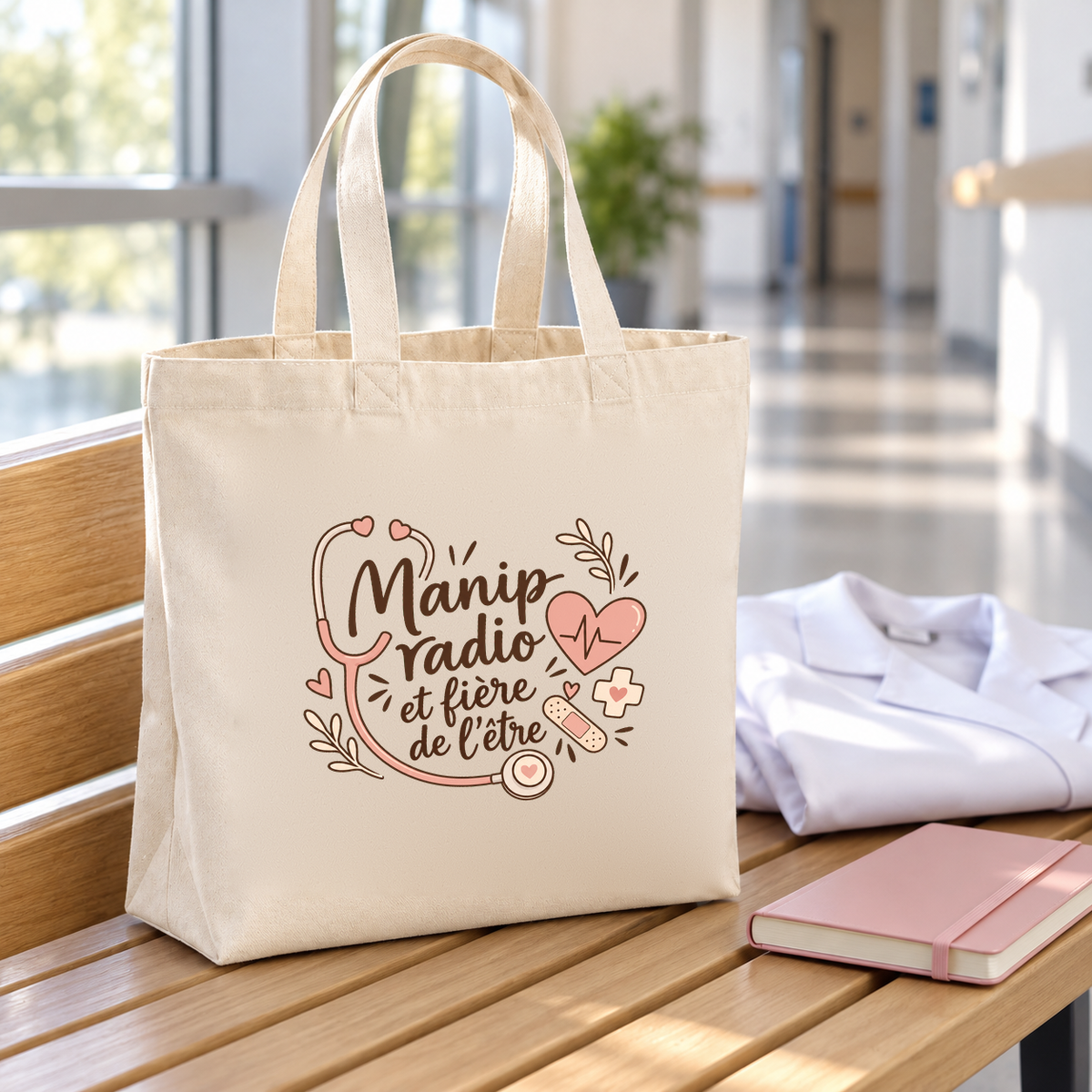 Tote bag manipulatrice radio « Manip radio et fière de l'être » Premium posé sur un banc, à côté d'une blouse pliée et d'un carnet