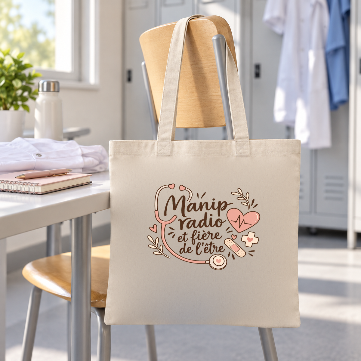 Tote bag manipulatrice radio « Manip radio et fière de l'être » Essentiel suspendu à une chaise dans la salle de pause