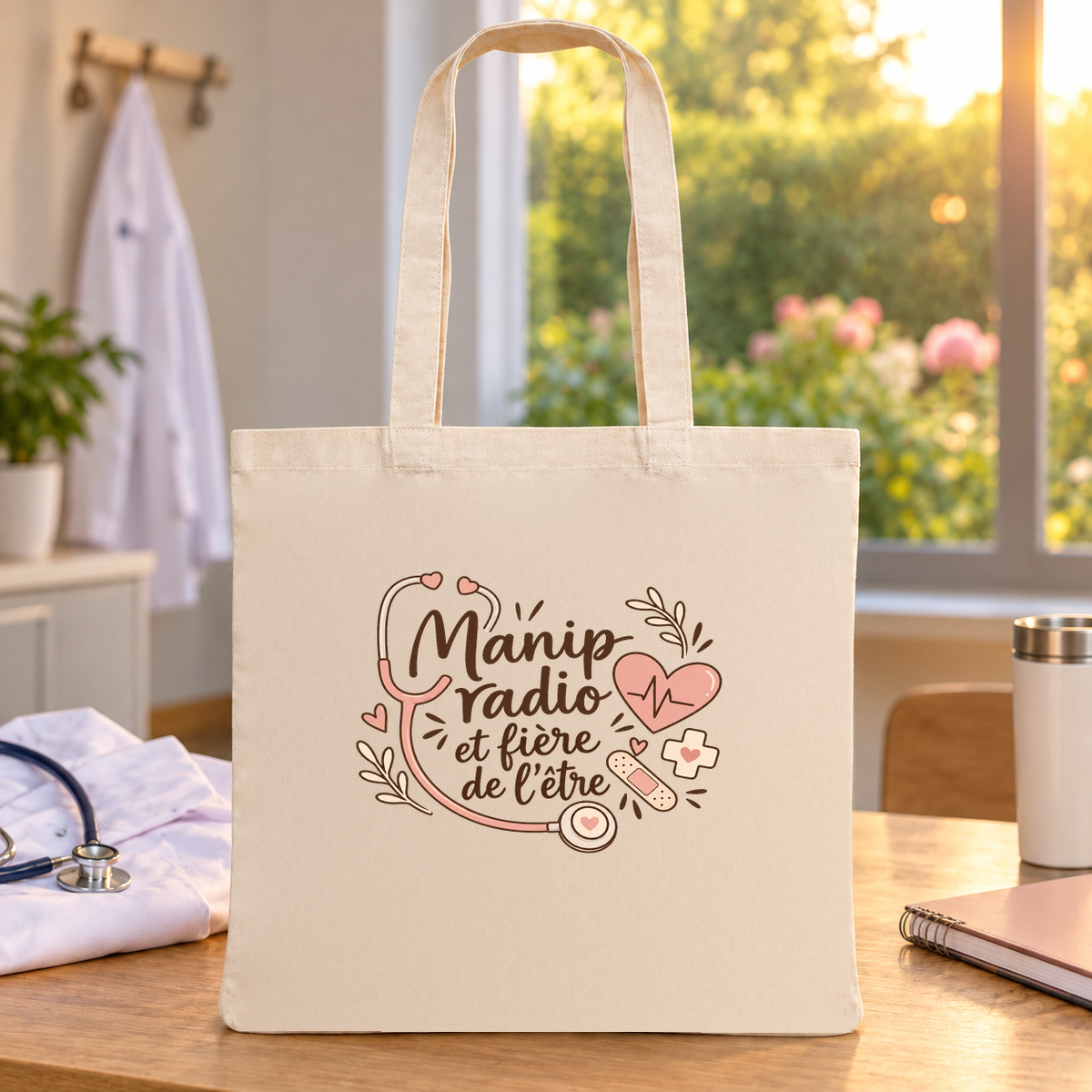Tote bag manipulatrice radio « Manip radio et fière de l'être » Essentiel posé sur une table au soleil, à côté d'une blouse pliée