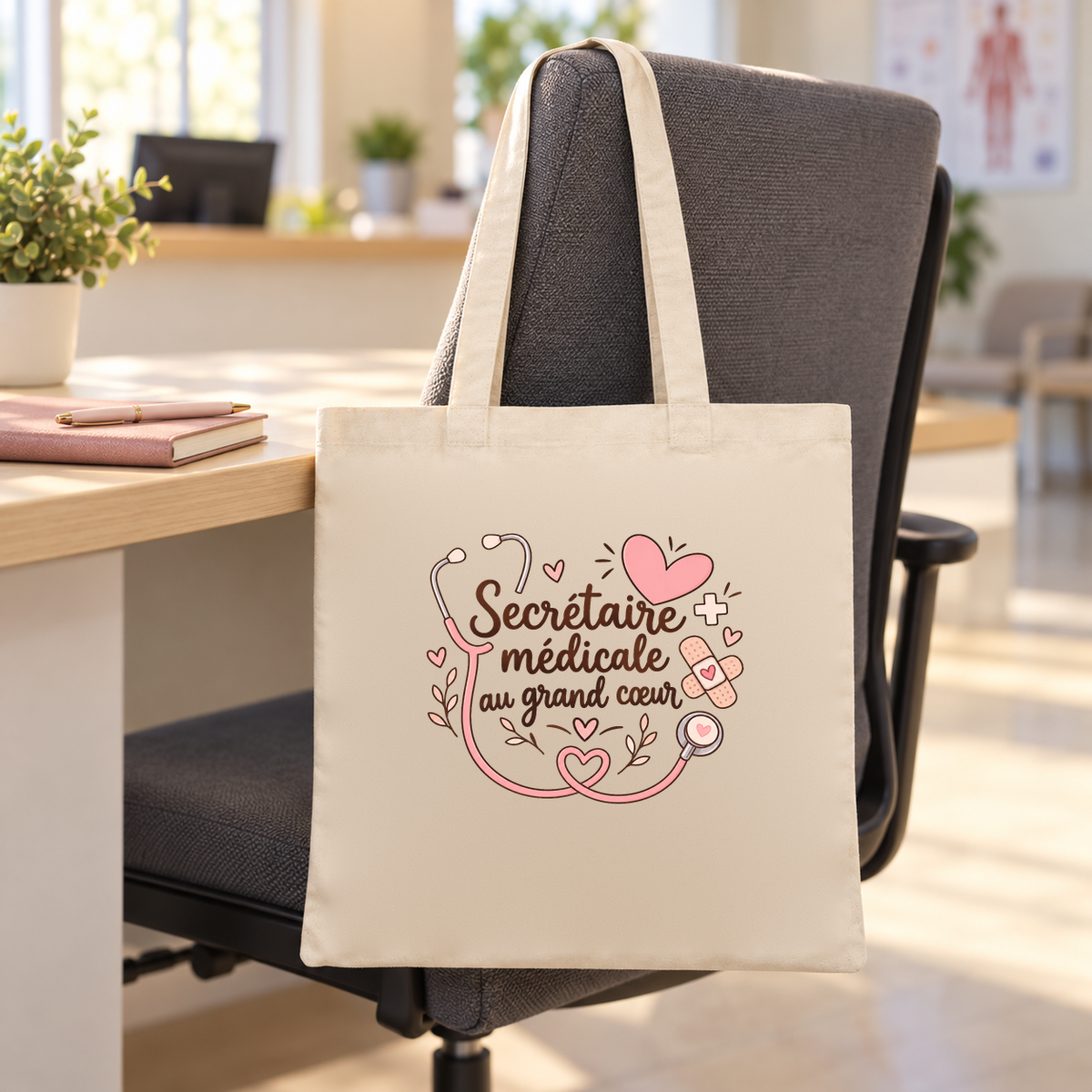 Tote bag secrétaire médicale « Secrétaire médicale au grand cœur » Essentiel suspendu à un fauteuil de bureau à l'accueil