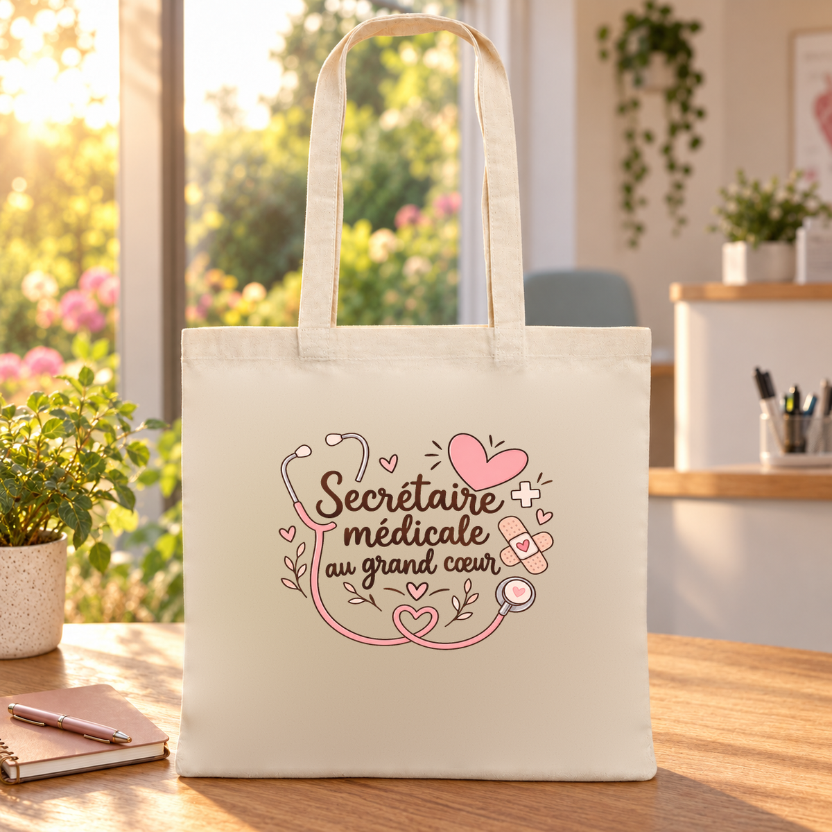 Tote bag secrétaire médicale « Secrétaire médicale au grand cœur » Essentiel posé sur une table au soleil, à côté de fleurs
