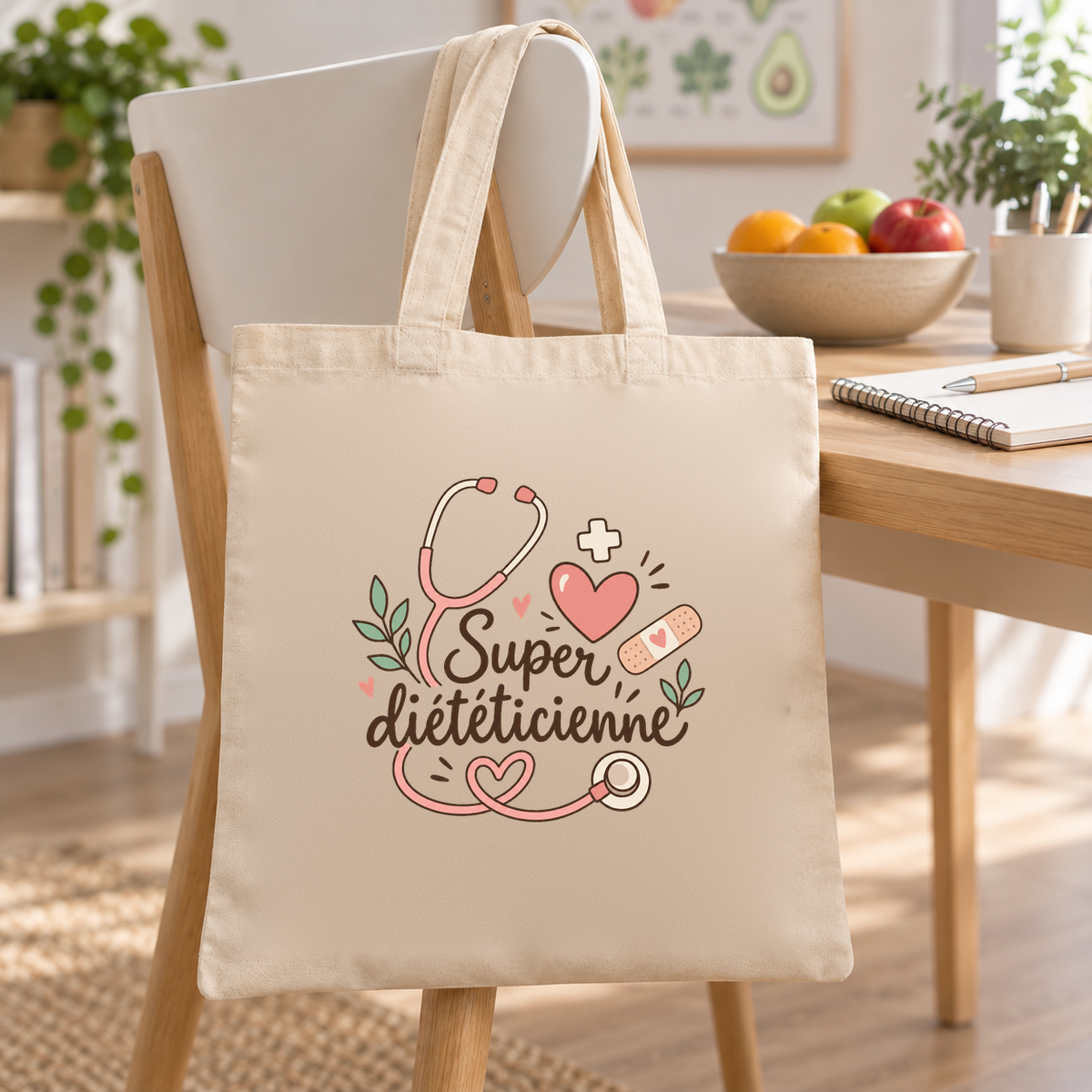 Tote bag diététicienne « Super diététicienne » Essentiel suspendu à une chaise près d'une coupe de fruits