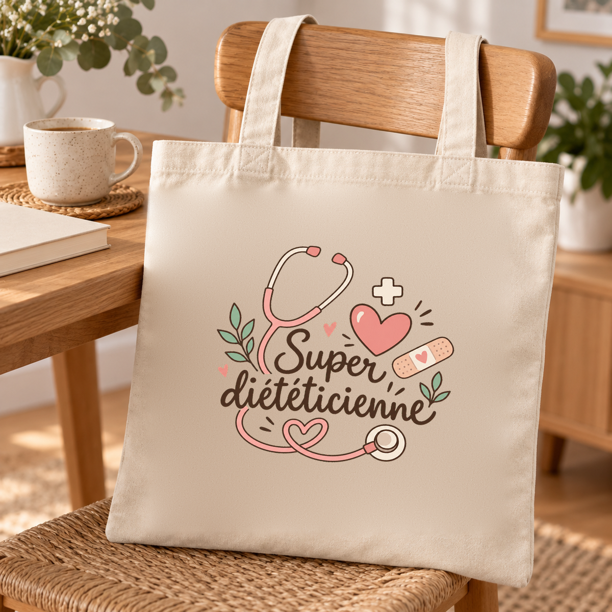 Tote bag diététicienne « Super diététicienne » Essentiel posé sur une chaise, à côté d'une tasse de thé