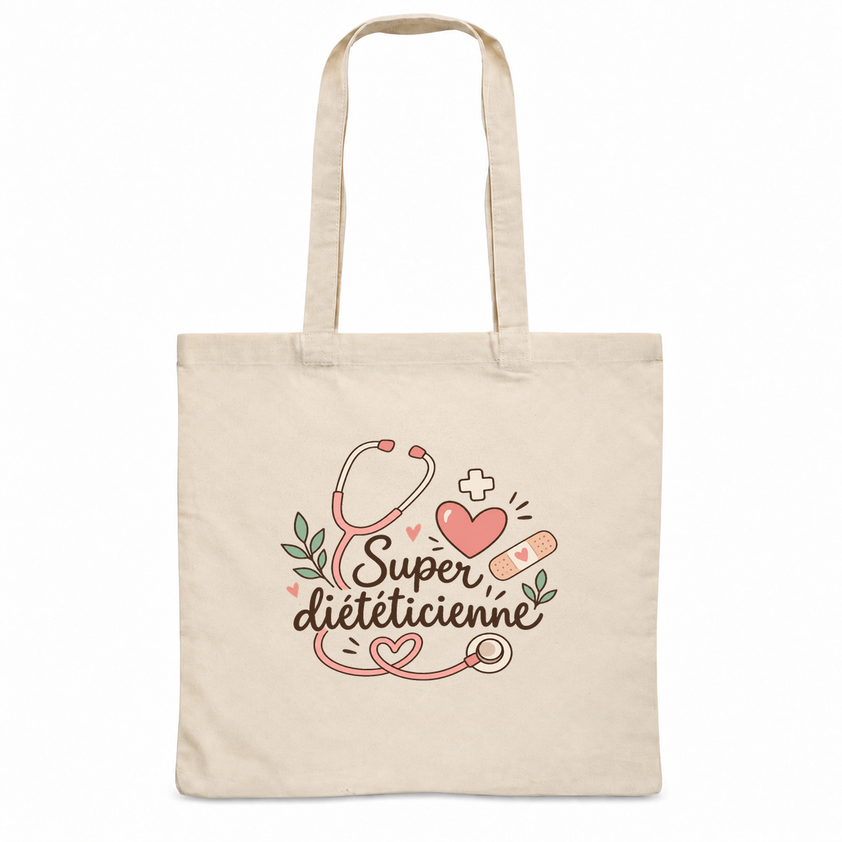 Tote bag diététicienne « Super diététicienne » Essentiel, sac plat en coton naturel 140 g/m² de 38 × 42 cm, illustration bohème d'un stéthoscope, de cœurs, d'une petite croix et d'un pansement