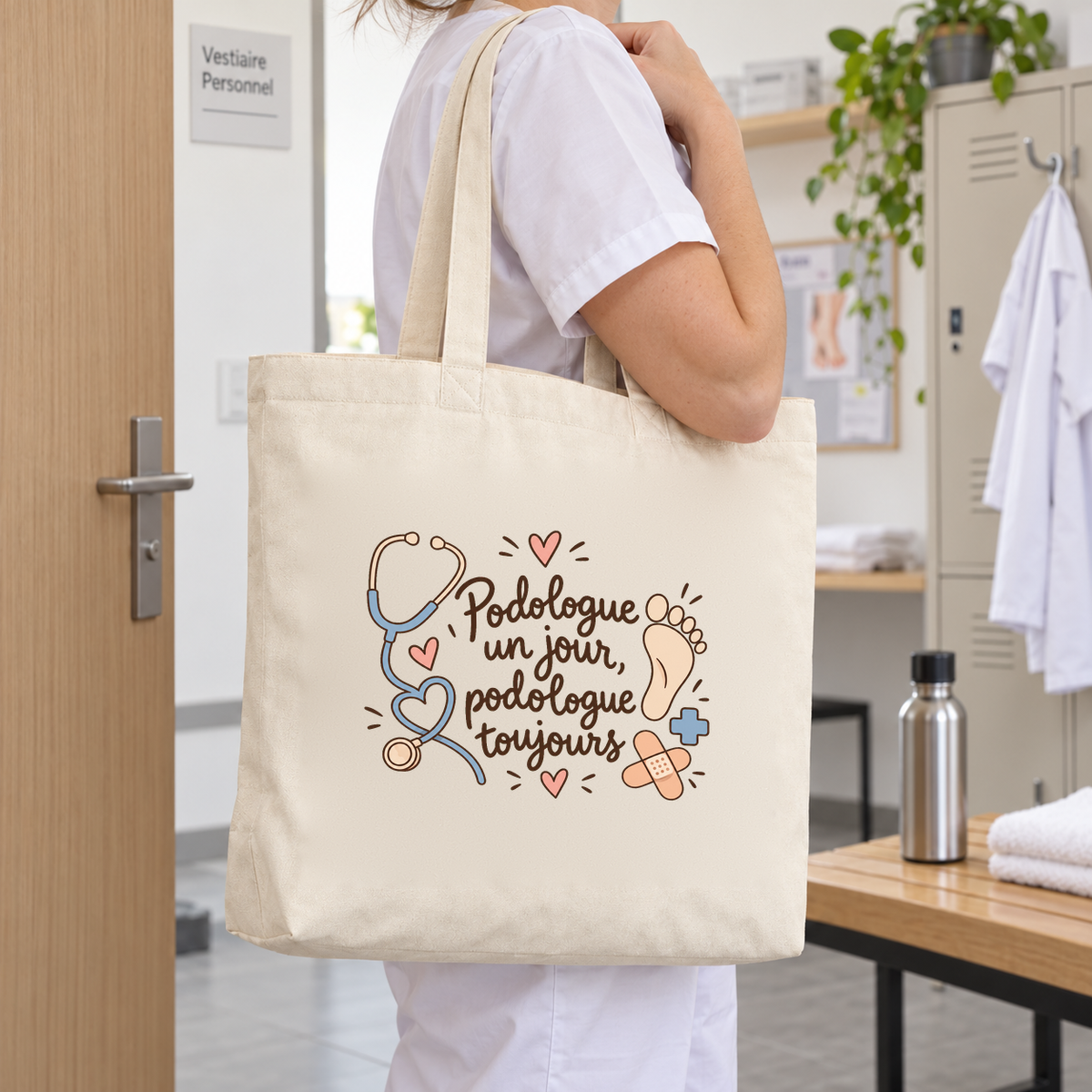 Tote bag podologue « Podologue un jour, podologue toujours » Premium porté à l'épaule à la porte du cabinet