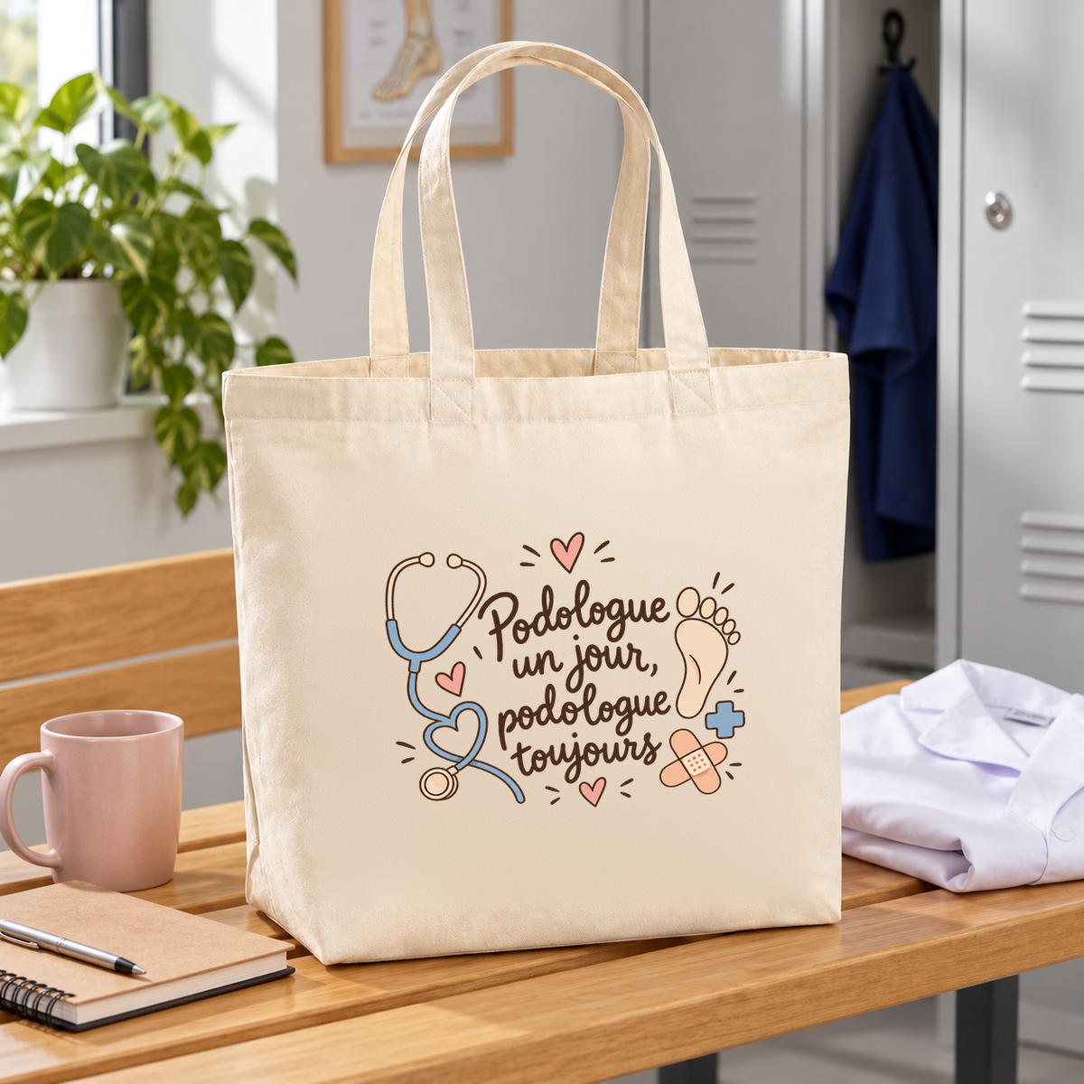 Tote bag podologue « Podologue un jour, podologue toujours » Premium posé sur une table, à côté d'un mug et d'une blouse pliée
