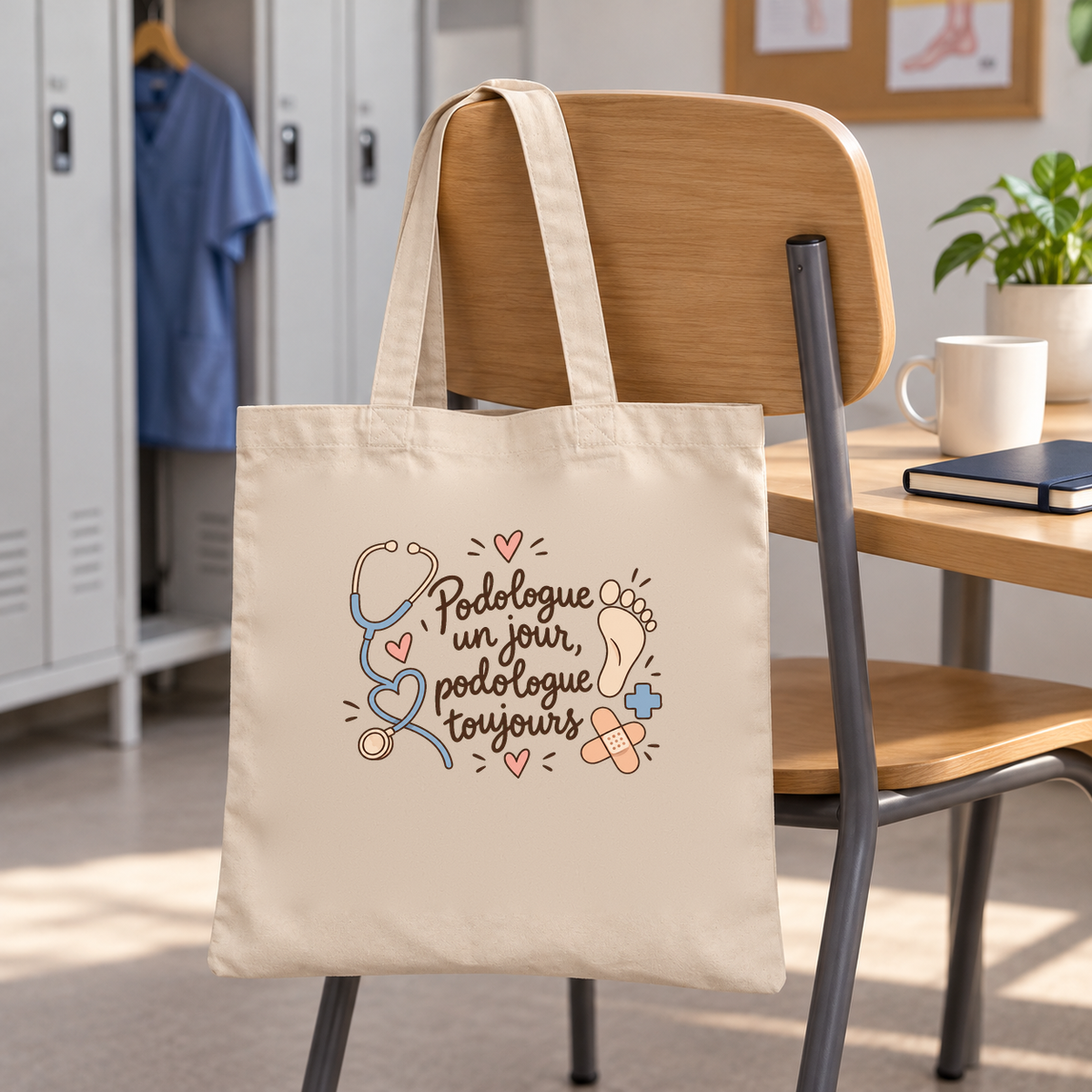 Tote bag podologue « Podologue un jour, podologue toujours » Essentiel suspendu à une chaise dans le vestiaire