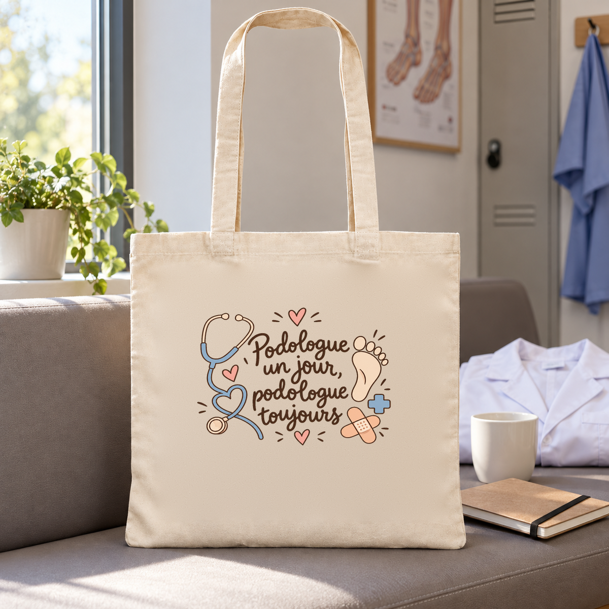 Tote bag podologue « Podologue un jour, podologue toujours » Essentiel posé sur une banquette, à côté d'un carnet et d'un mug