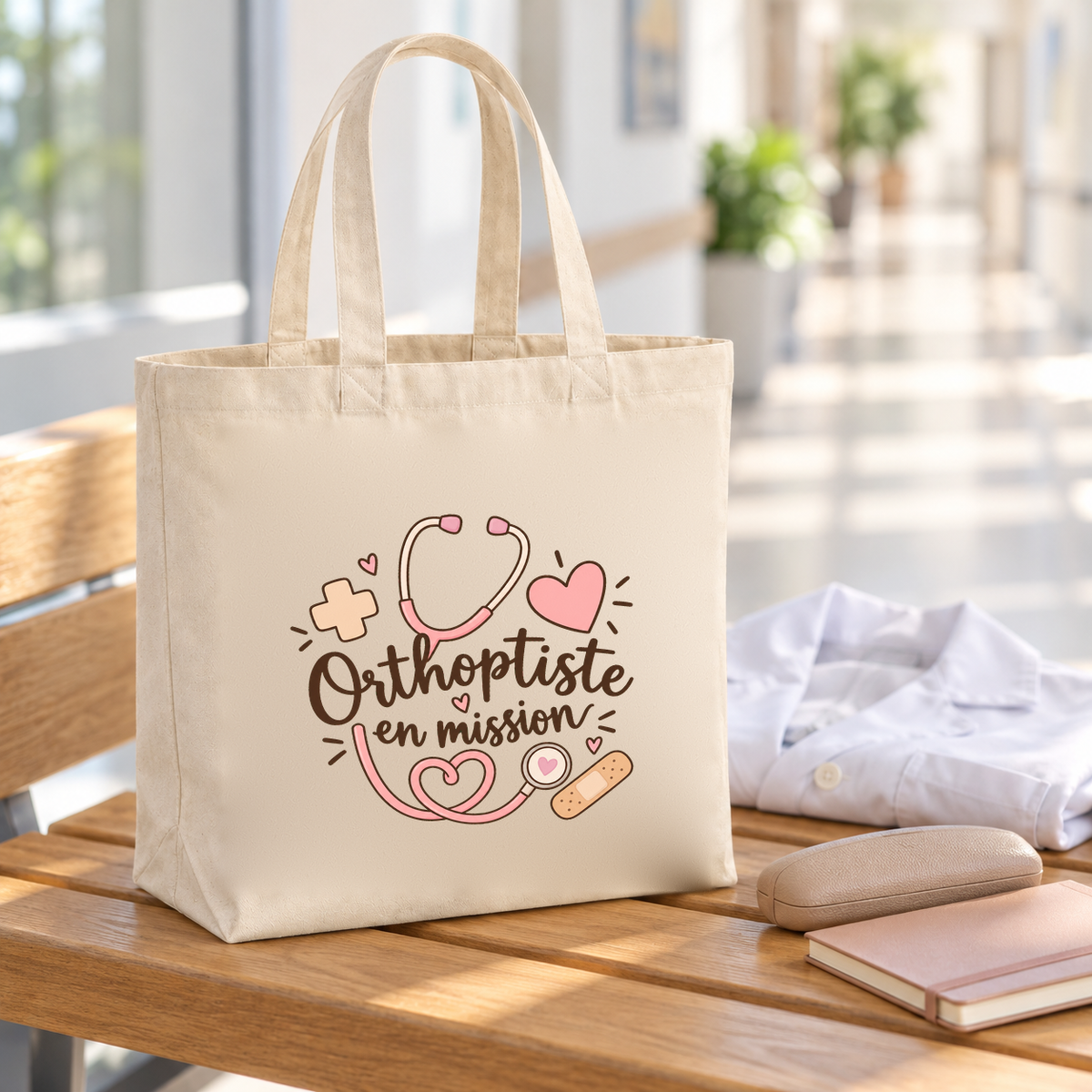Tote bag orthoptiste « Orthoptiste en mission » Premium posé sur une table, à côté d'une blouse pliée